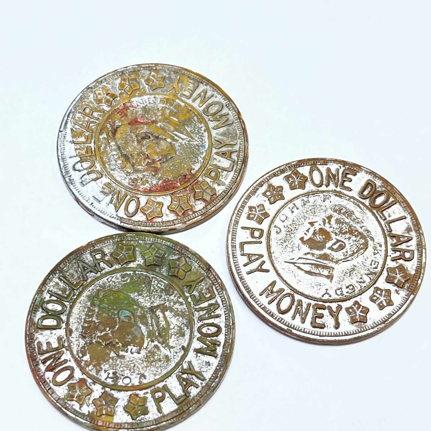 1960s Plastic JFK One Dollar Coin Lucky Play Money Kennedy Set of 3 SE1