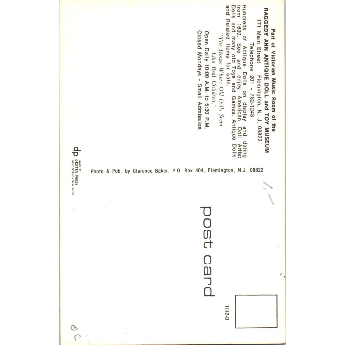 Raggedy Ann Doll Museum Flemington NJ Victorian Music Room Original Postcard PB9