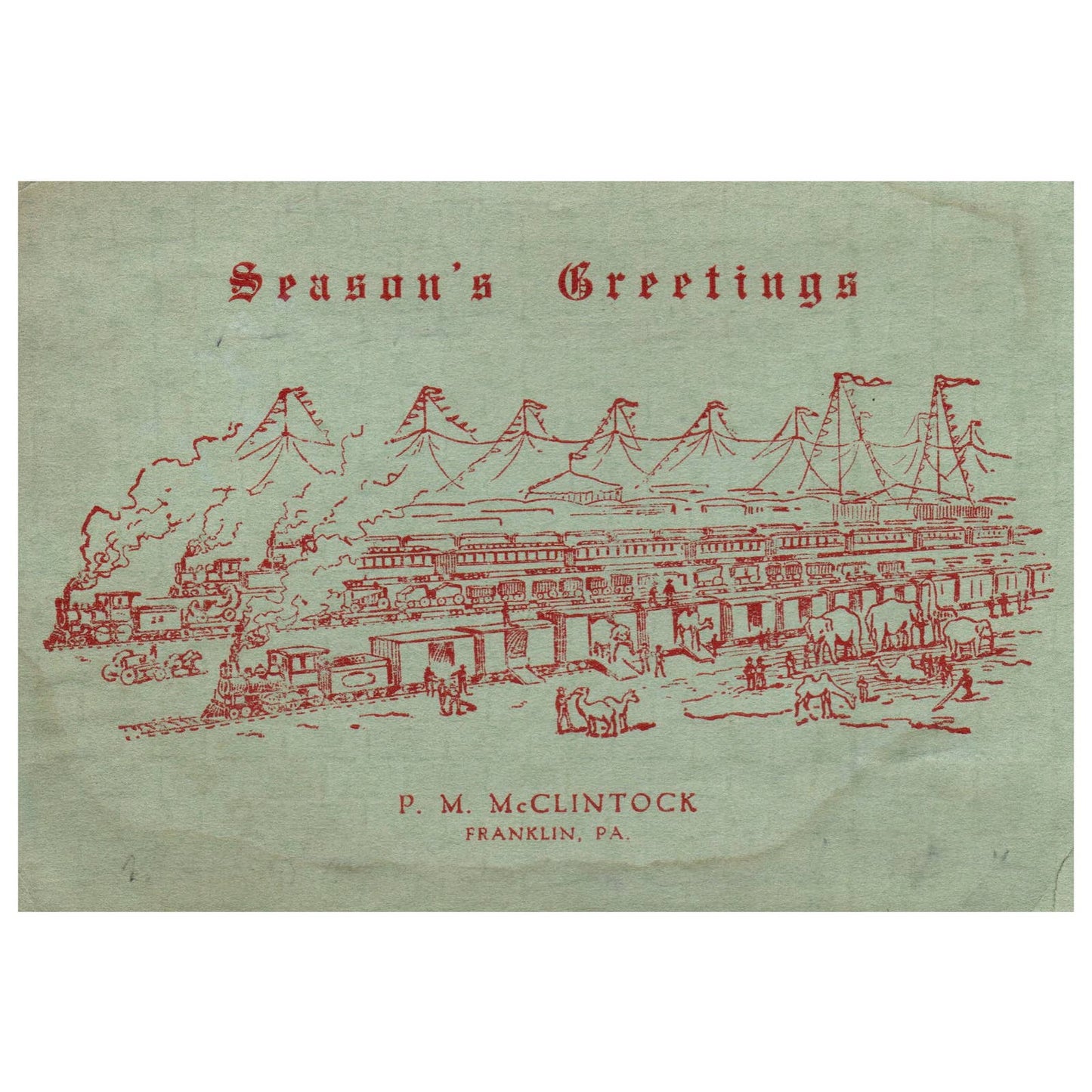 Antique Christmas Card P.M. McClintock Franklin PA Season's Greetings Trains SE4