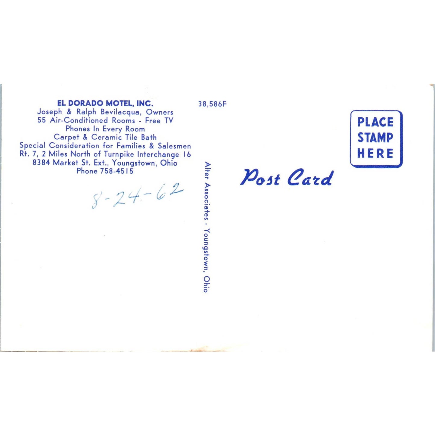 Vintage Postcard El Dorado Motel Joseph Bevilacqua Youngstown Ohio TD9