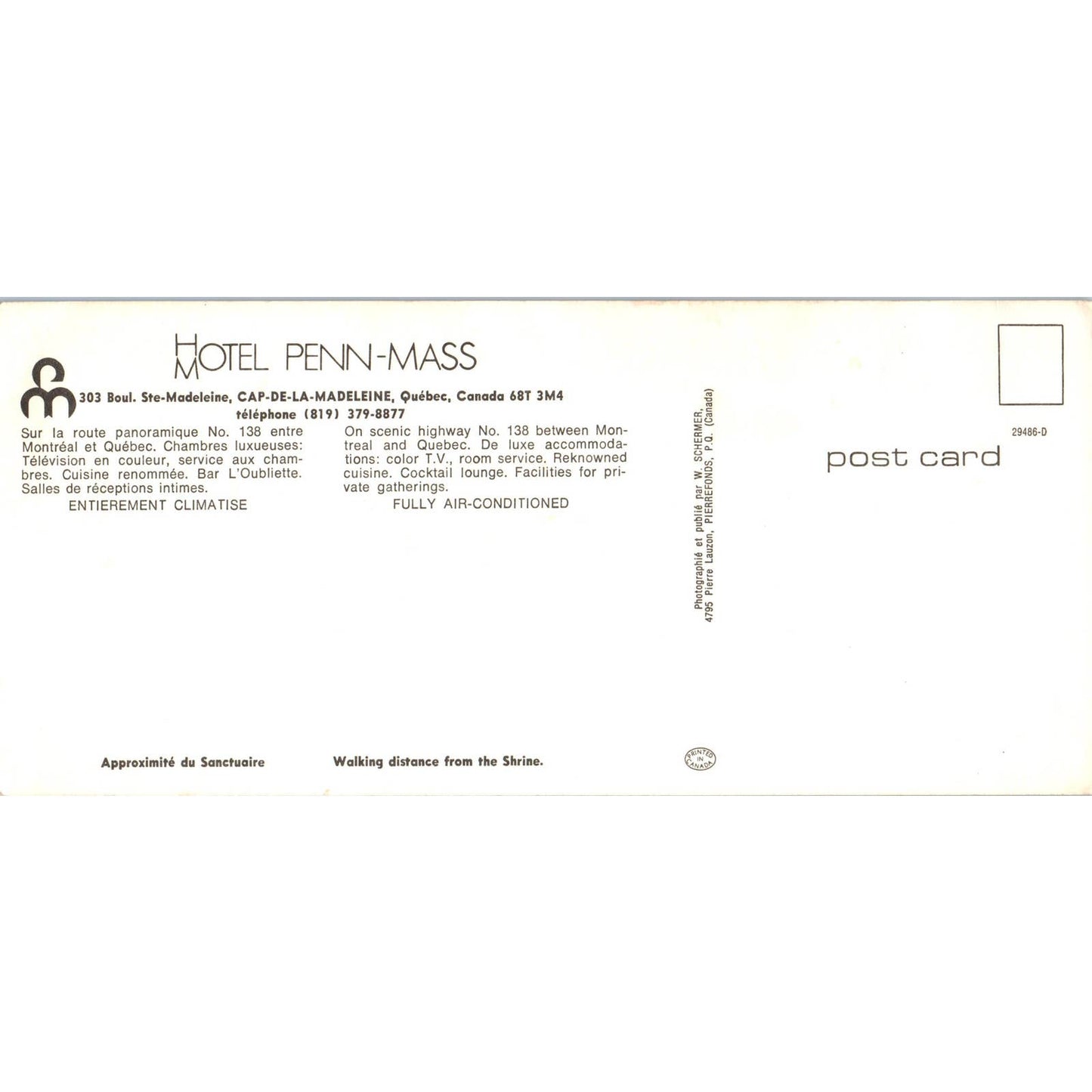 Vintage Long Postcard Hotel Penn-Mass Interior Quebec Canada SE3-2