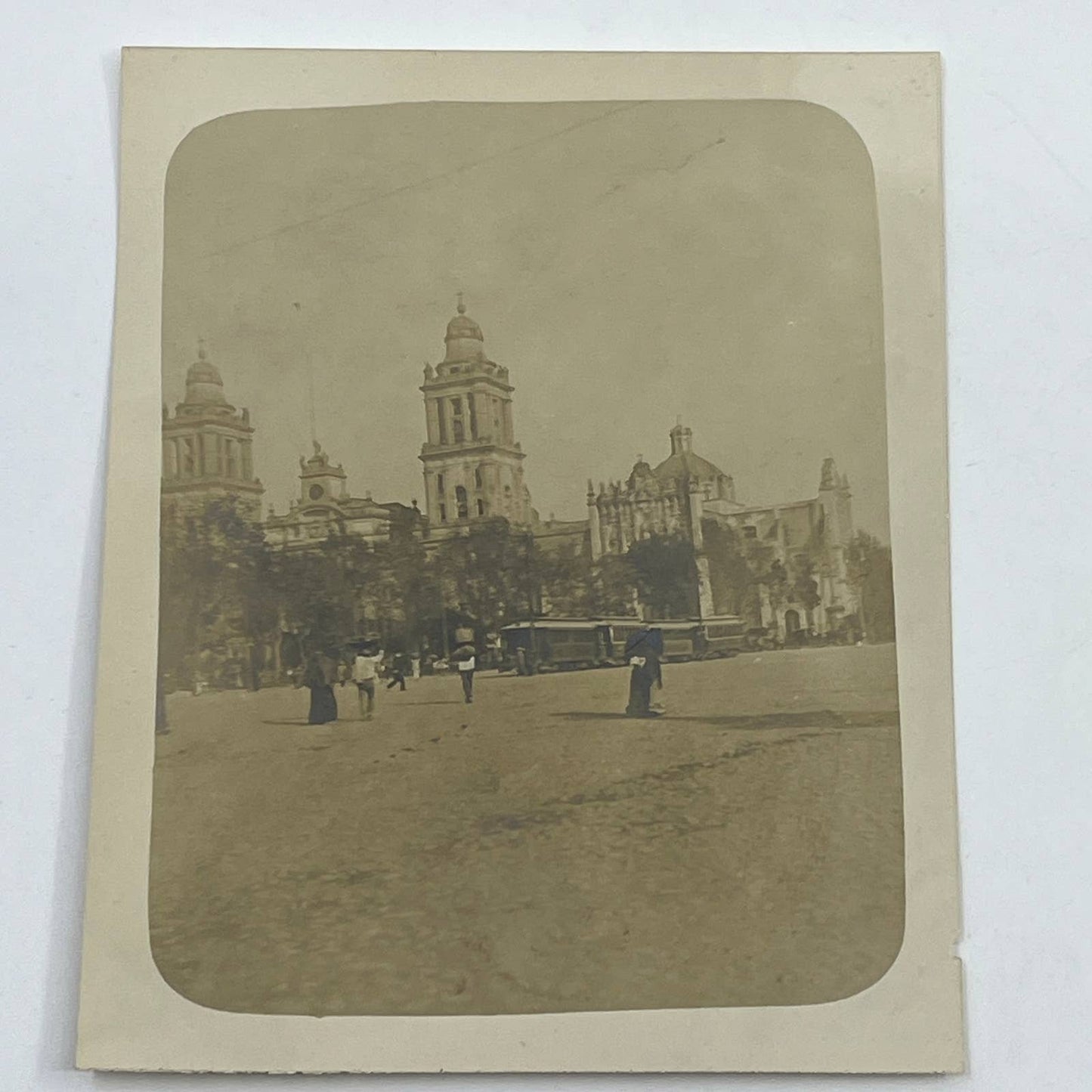 1903 Original Sepia Photograph Streetcar Near Cathedral in Mexico City AC7