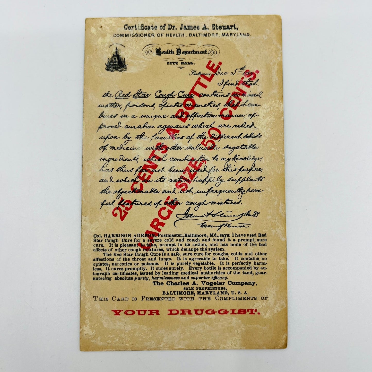 1880s Victorian Trade Card Quack Medicine Red Star Cough Dove Baltimore AH9-M6