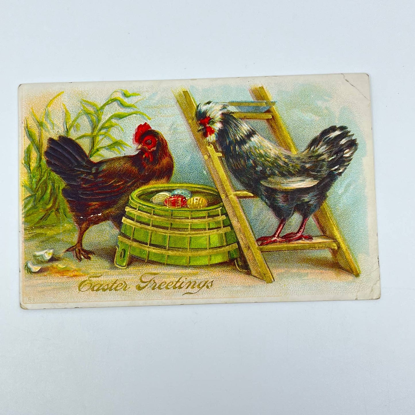 1910s Postcard Easter Embossed Chickens with Decorated Eggs SC9