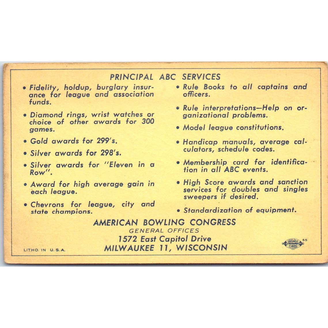 1952 American Bowling Congress Milwaukee Card Intercity 875 Travelling SE5-44