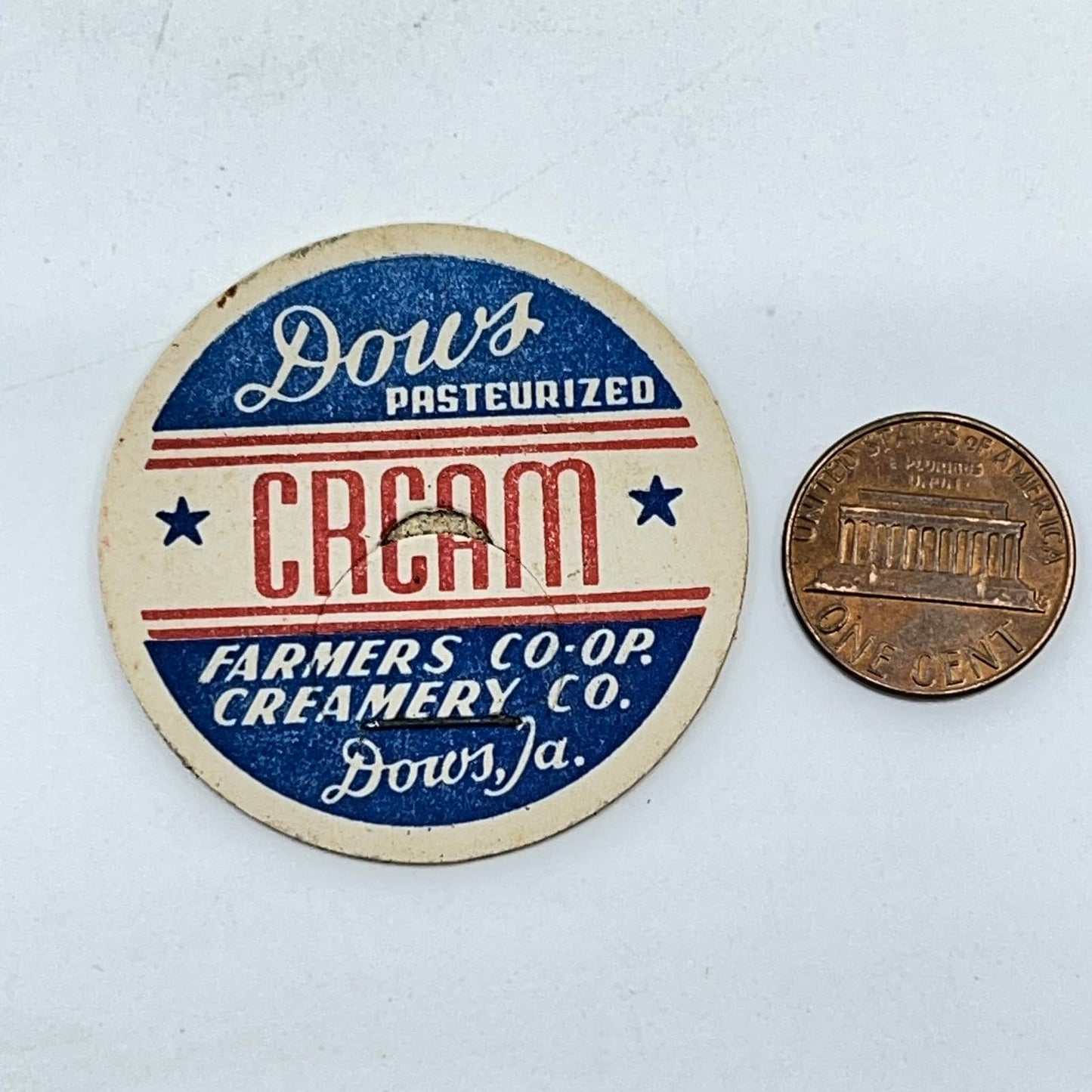 Vtg Milk Bottle Cap Dows Pasteurized Cream Farmers Co-Op Creamery Dows IA SD3