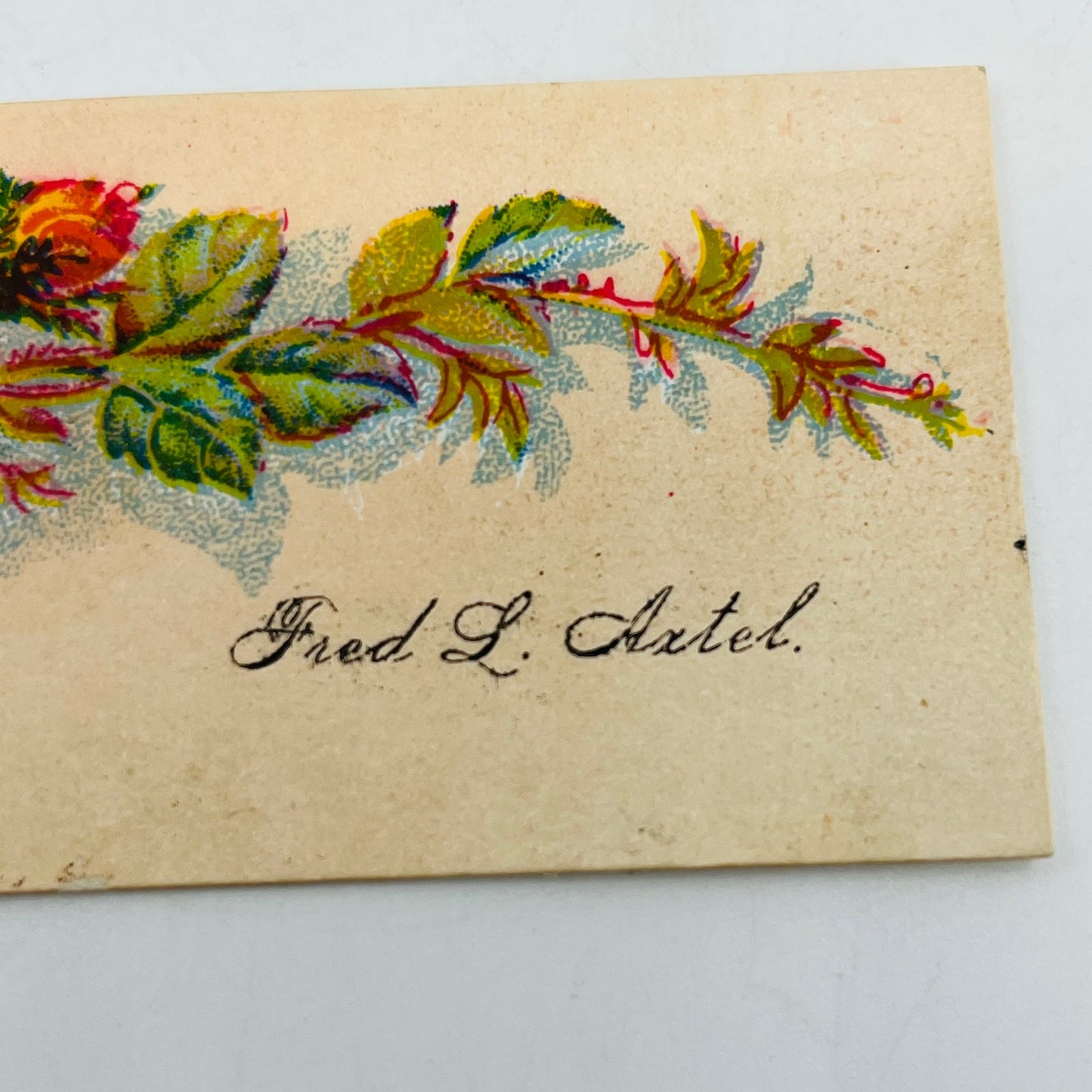1800s VICTORIAN CALLING CARD LITHO Pink Rose FRED L. AXTEL SAH9-S9