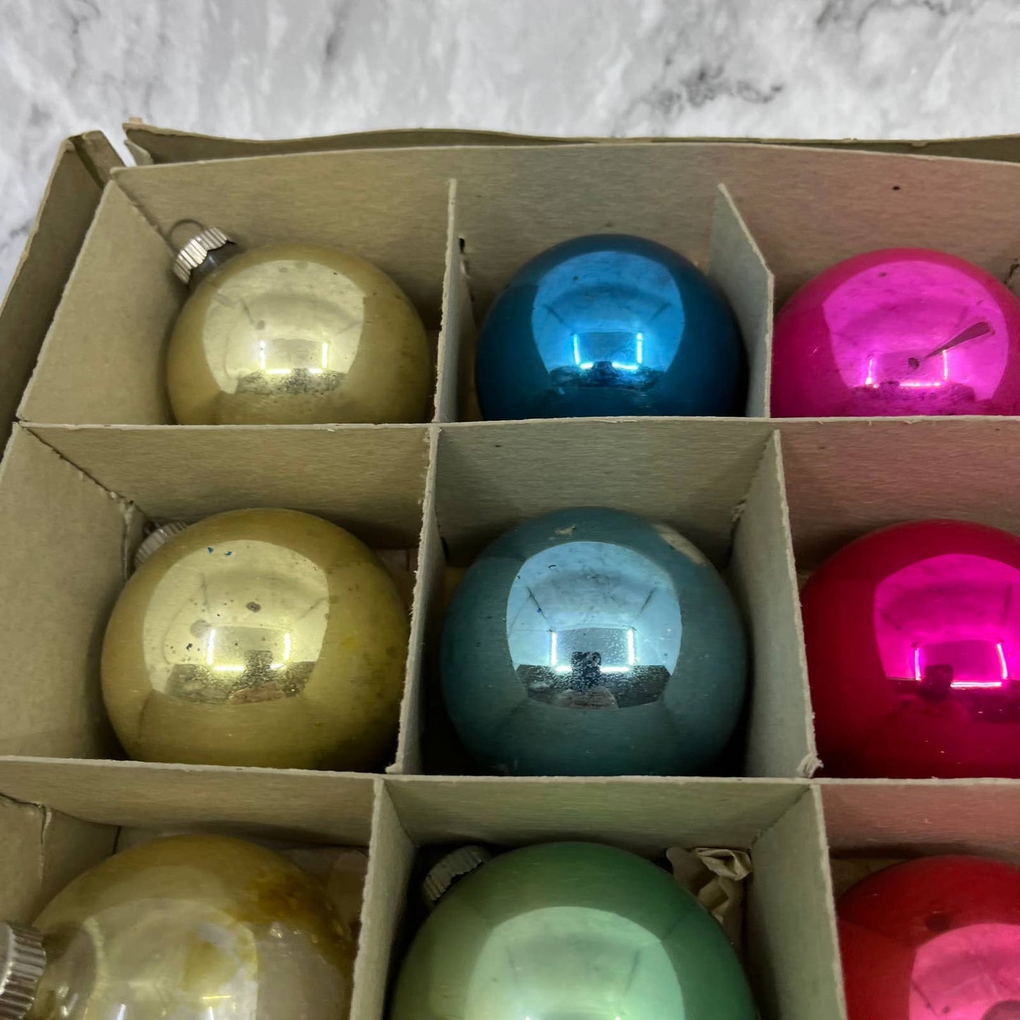 Shiny Brite 12 Vintage Mercury Glass Ornaments With Original Box Pink Teal Gold