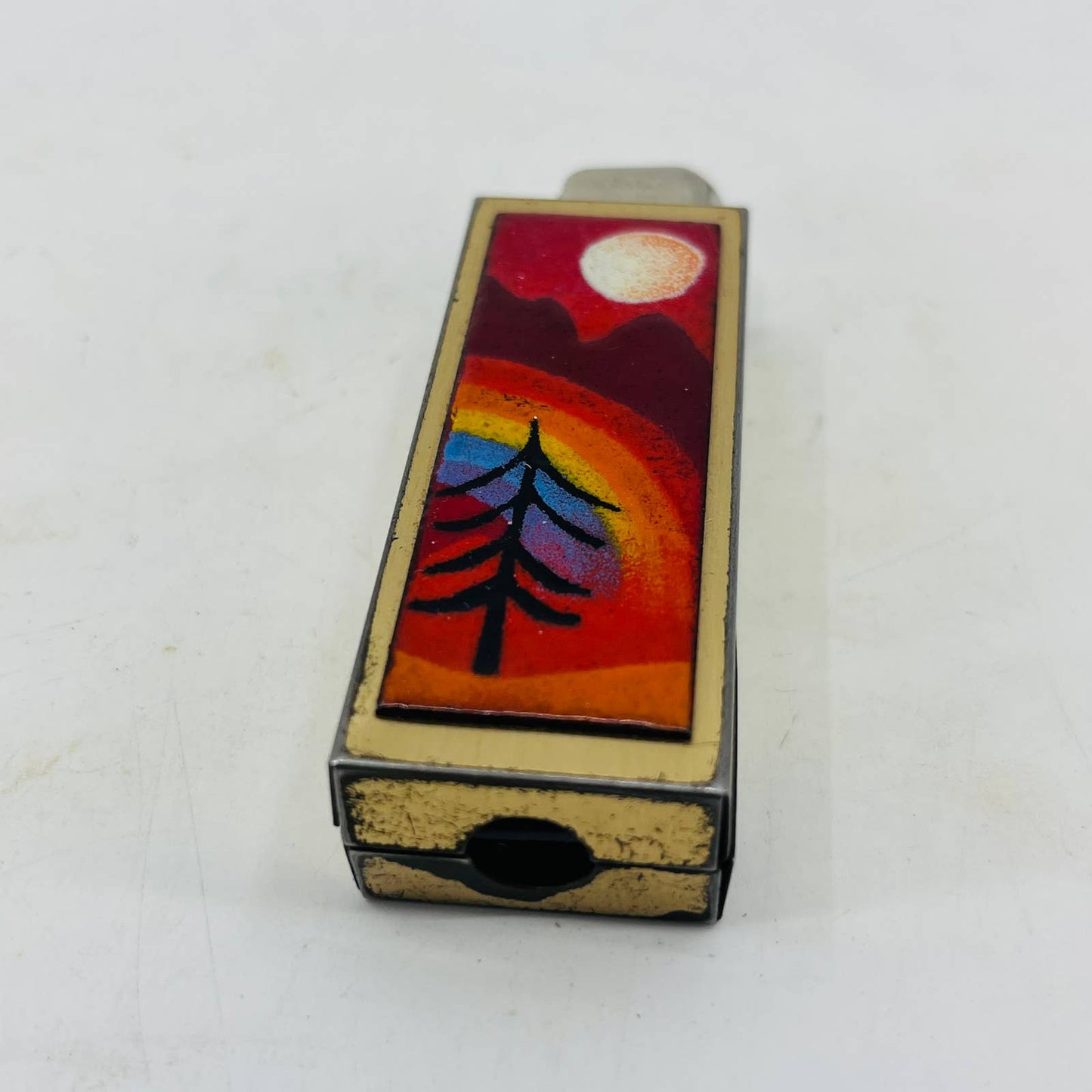 Vintage Brass and Enamel Southwest Sunset Scene Disposable Lighter Case SA8