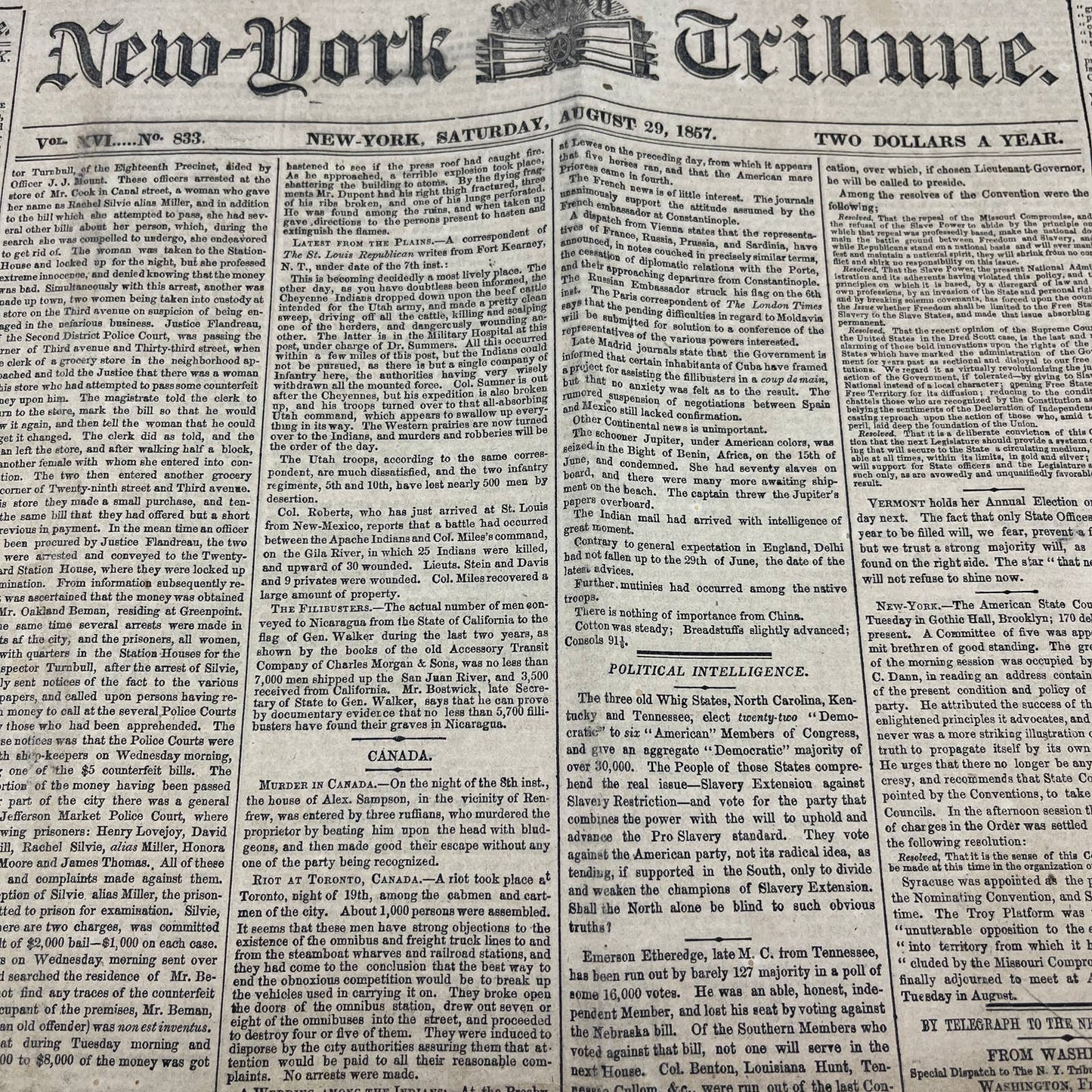 1857 Aug 29 Original New York Tribune - Whig State Slavery Vote FL4