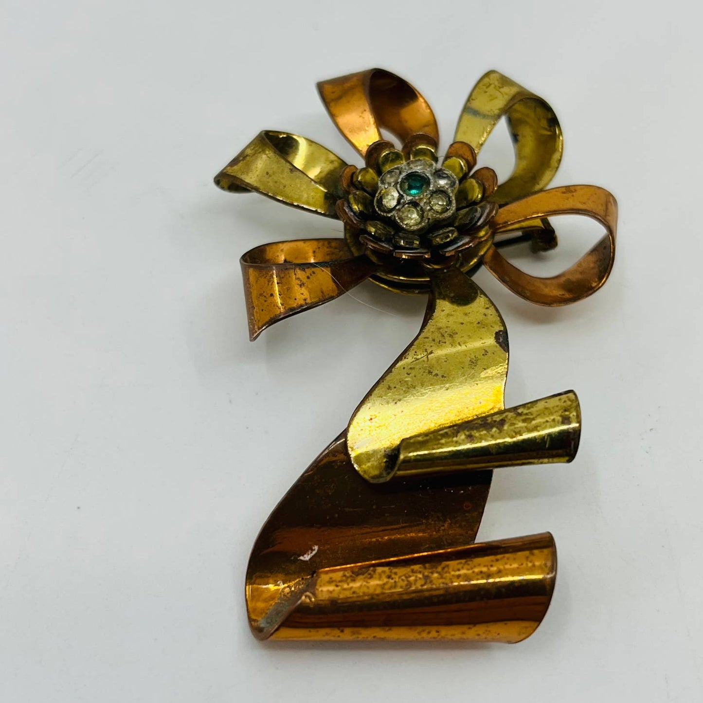 Vtg Brass and Copper Ribbon with Rhinestone Flower Brooch SB7