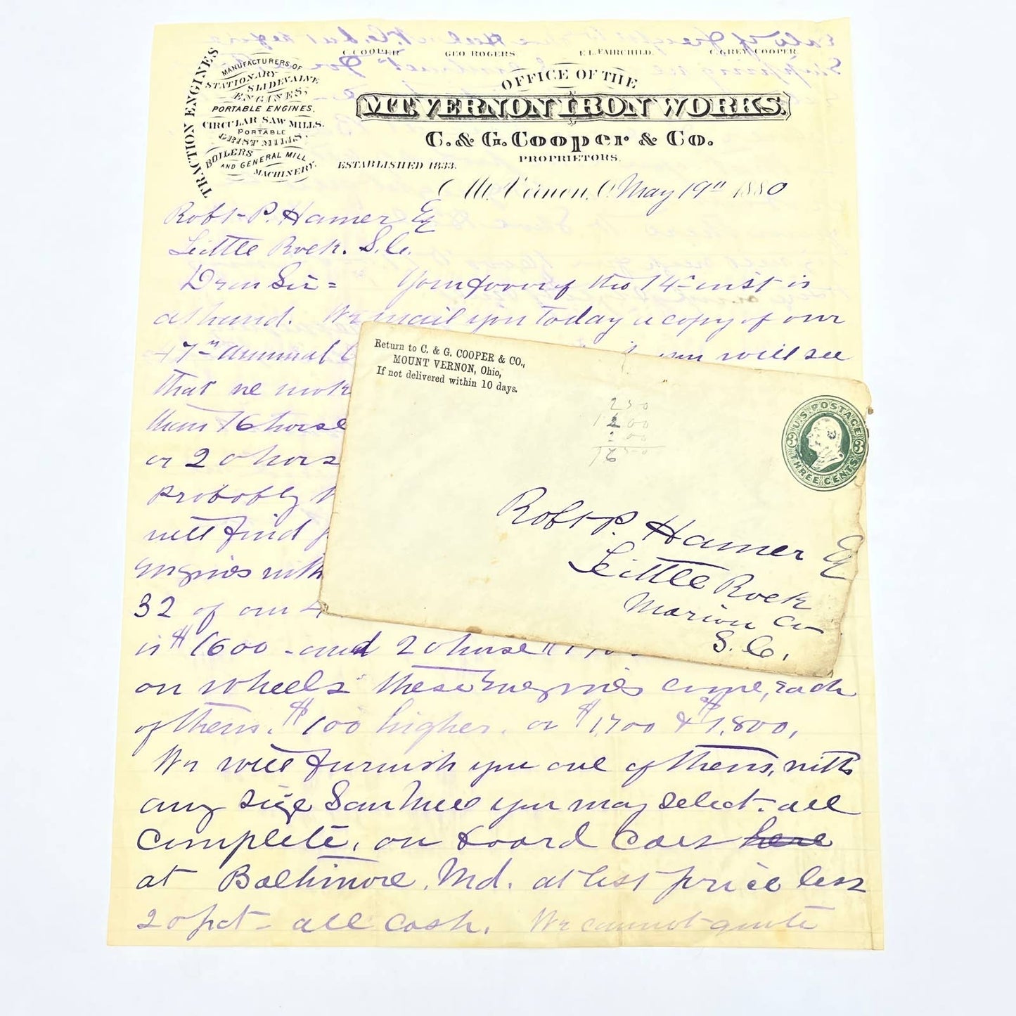 1880 Letterhead Mt. Vernon Iron Works Ohio C & G Cooper to Robert P Hamer AC2