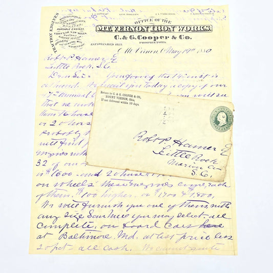 1880 Letterhead Mt. Vernon Iron Works Ohio C & G Cooper to Robert P Hamer AC2