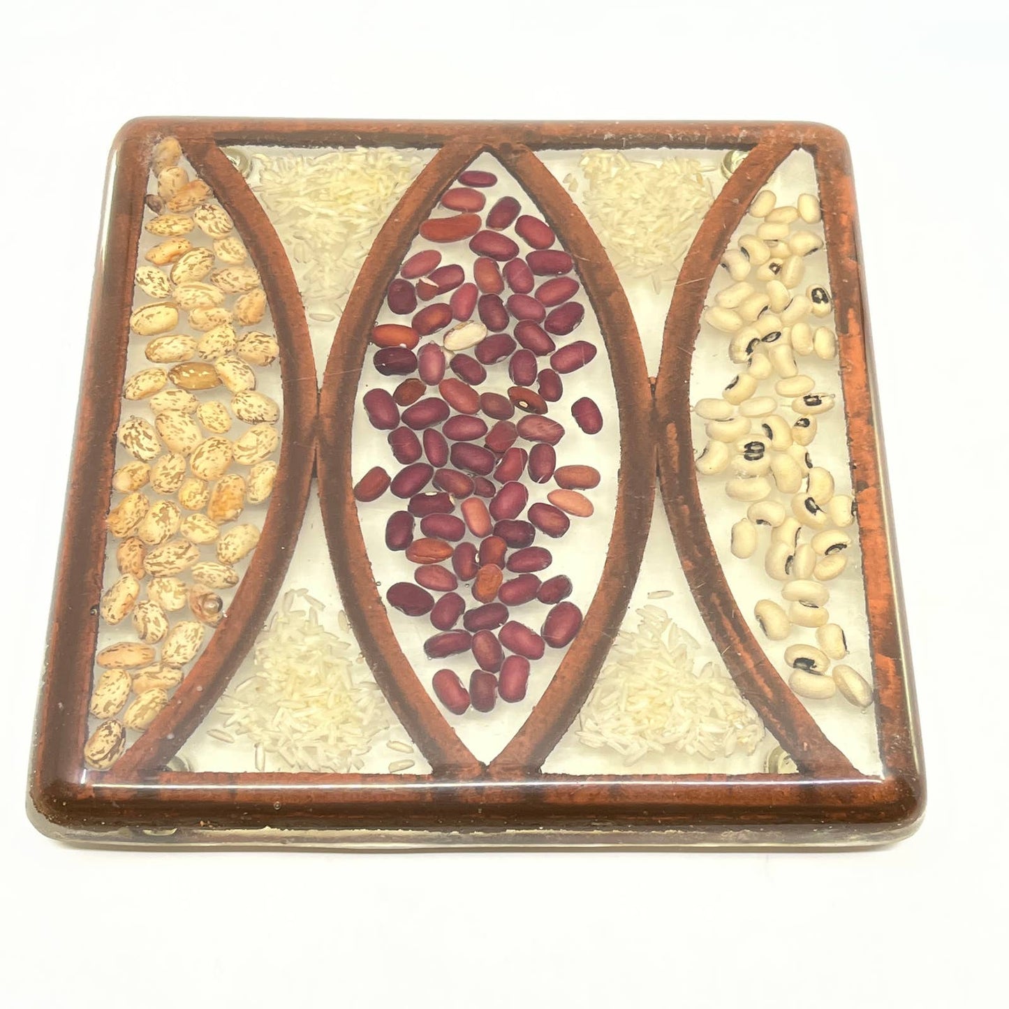 1960s Retro Kitsch Acrylic Lucite Trivet Hot Pad Footed Square Rice Bean MCM TC7