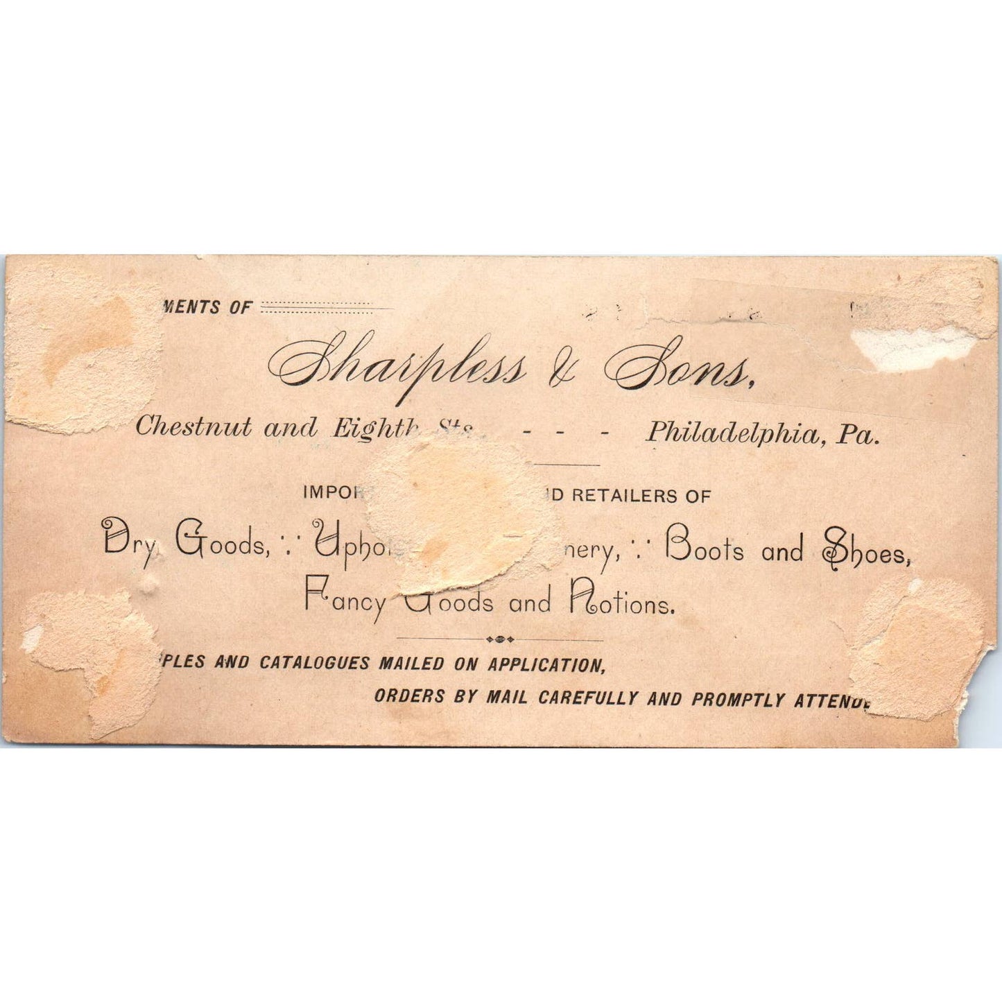 1880s Victorian Trade Card Sharpless & Sons Dry Goods Philadelphia PA SF2
