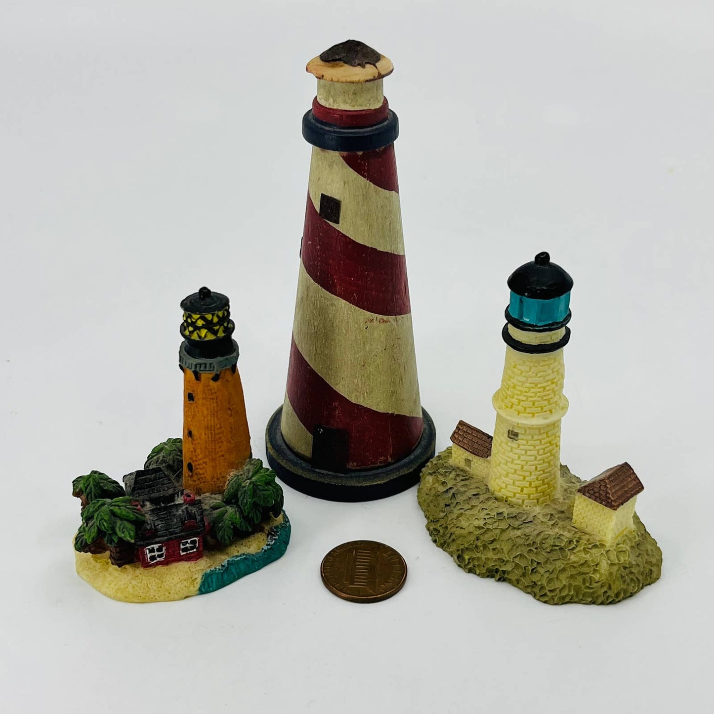 Set of 3 Miniature Lighthouse Figurines 2 Resin 1 Wood See Pic for Scale TD2