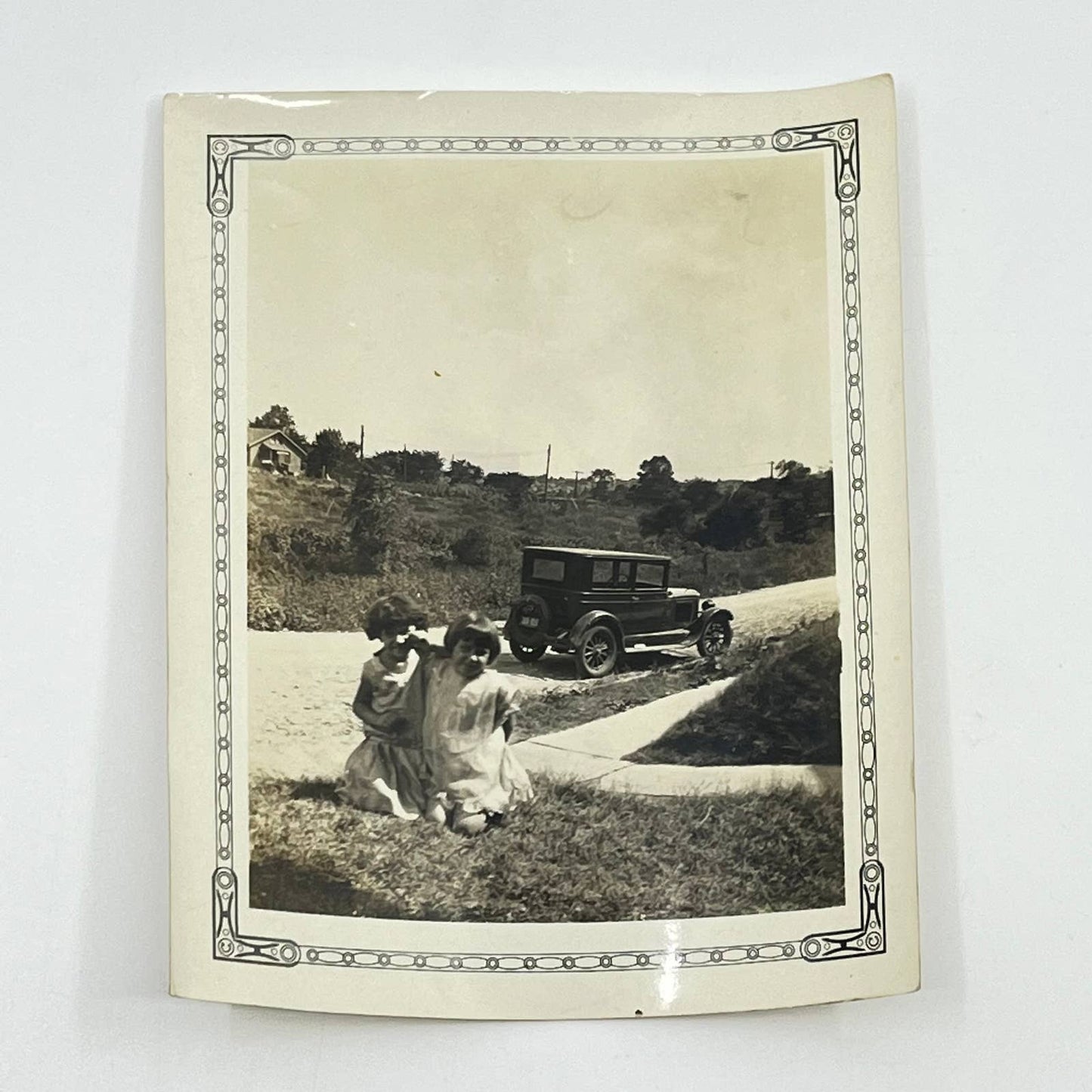 1930 Photograph Young Girls Posing in Front of Ford Model T Automobile 4x5” SC6