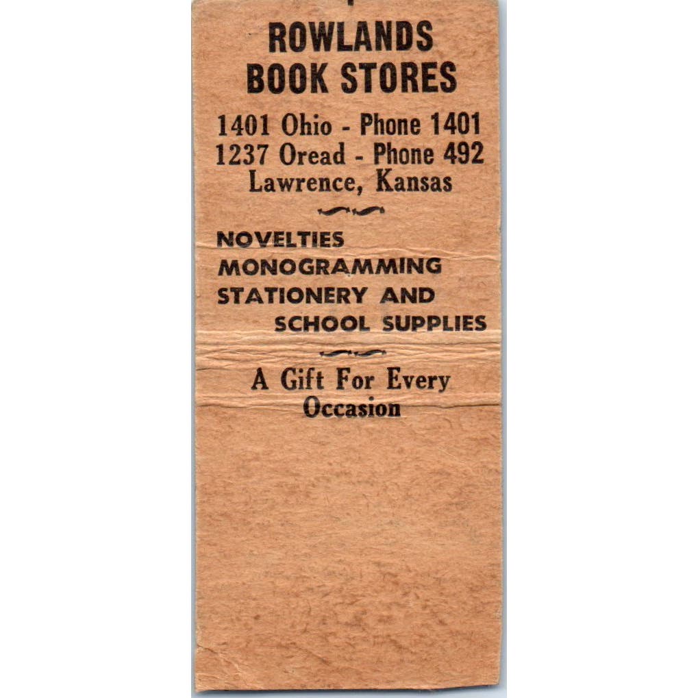 Rowlands Book Stores Lawrence Kansas Advertising Matchbook Cover SA9-M1