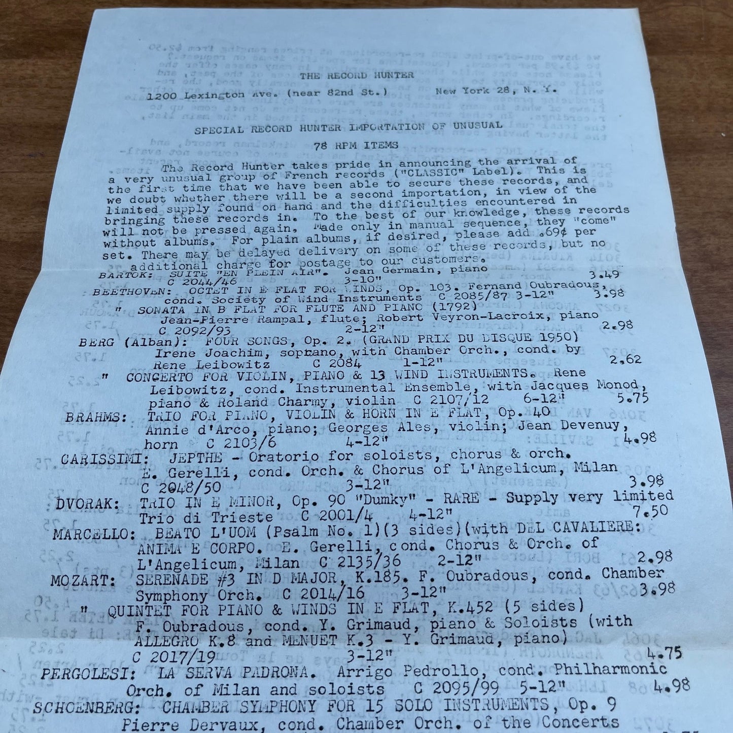RARE 1950s Price List - The Record Hunter New York City Lexington Ave 81st H4-4