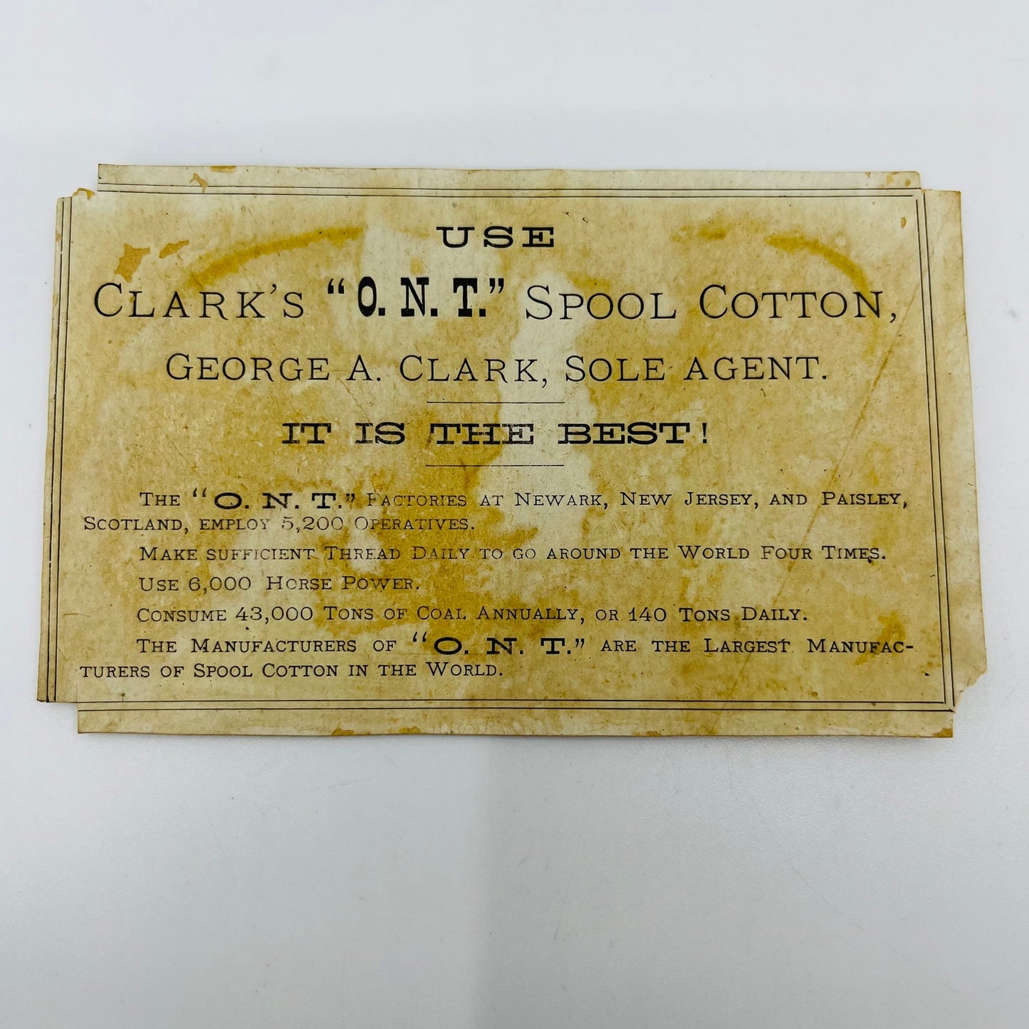1880s Victorian Trade Card Clark’s ONT Spool Cotton Boy on Boat AH9-M6