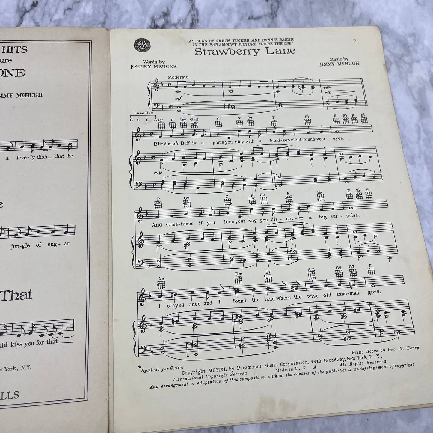 Vintage Sheet Music - Strawberry Lane - Johnny Mercer Jimmy McHugh TI1
