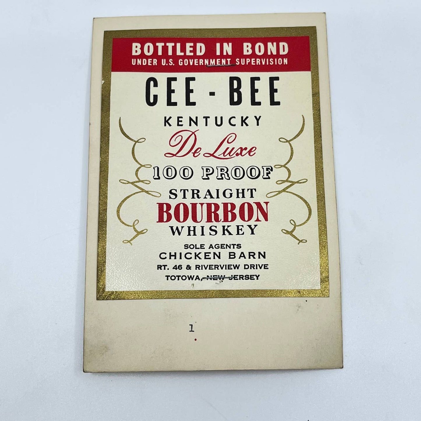 Cee-Bee Kentucky Bourbon Whiskey Label Chicken Barn Totowa New Jersey