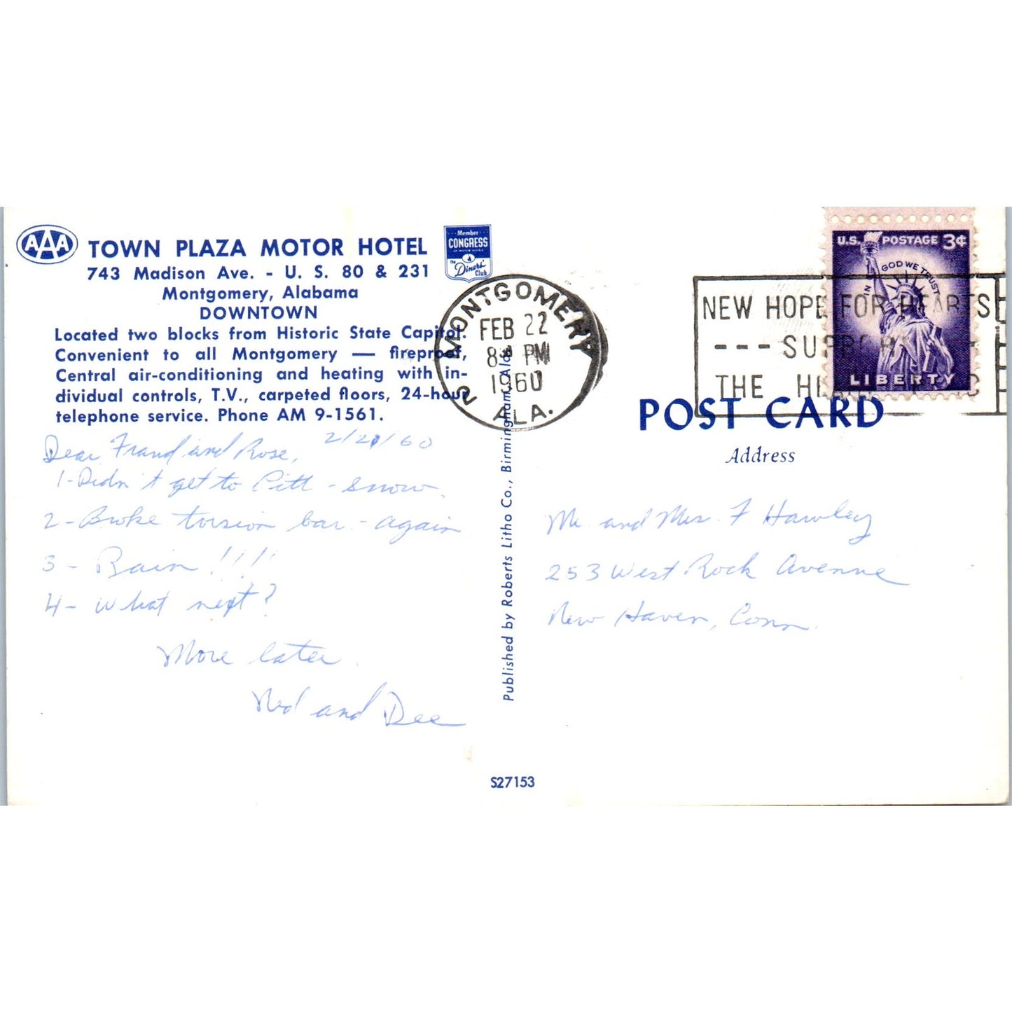 Town Plaza Motor Hotel Montgomery Alabama 1960 Original Postcard P3-3