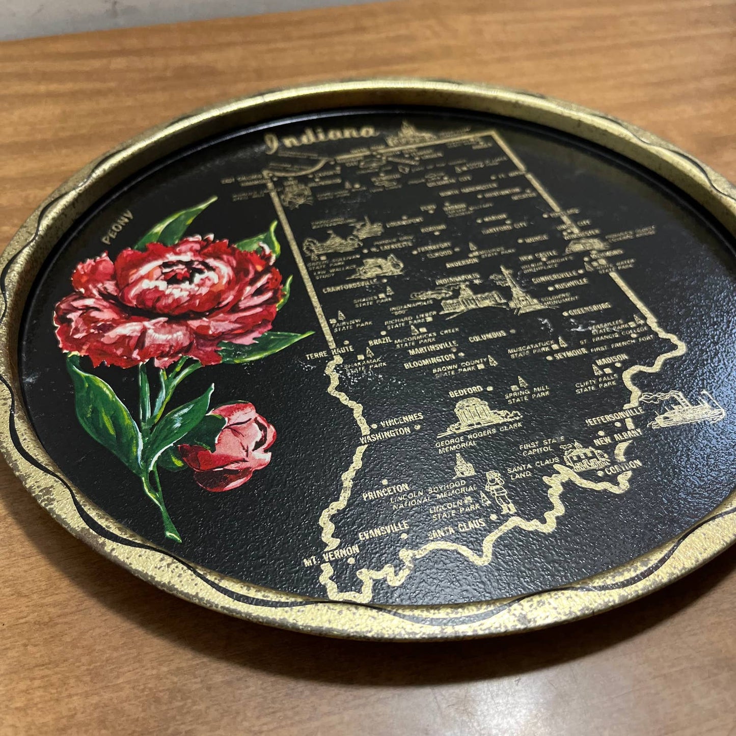 Vintage Black & Gold Metal State Souvenir Plate Tray Indiana Peony 11” TG7