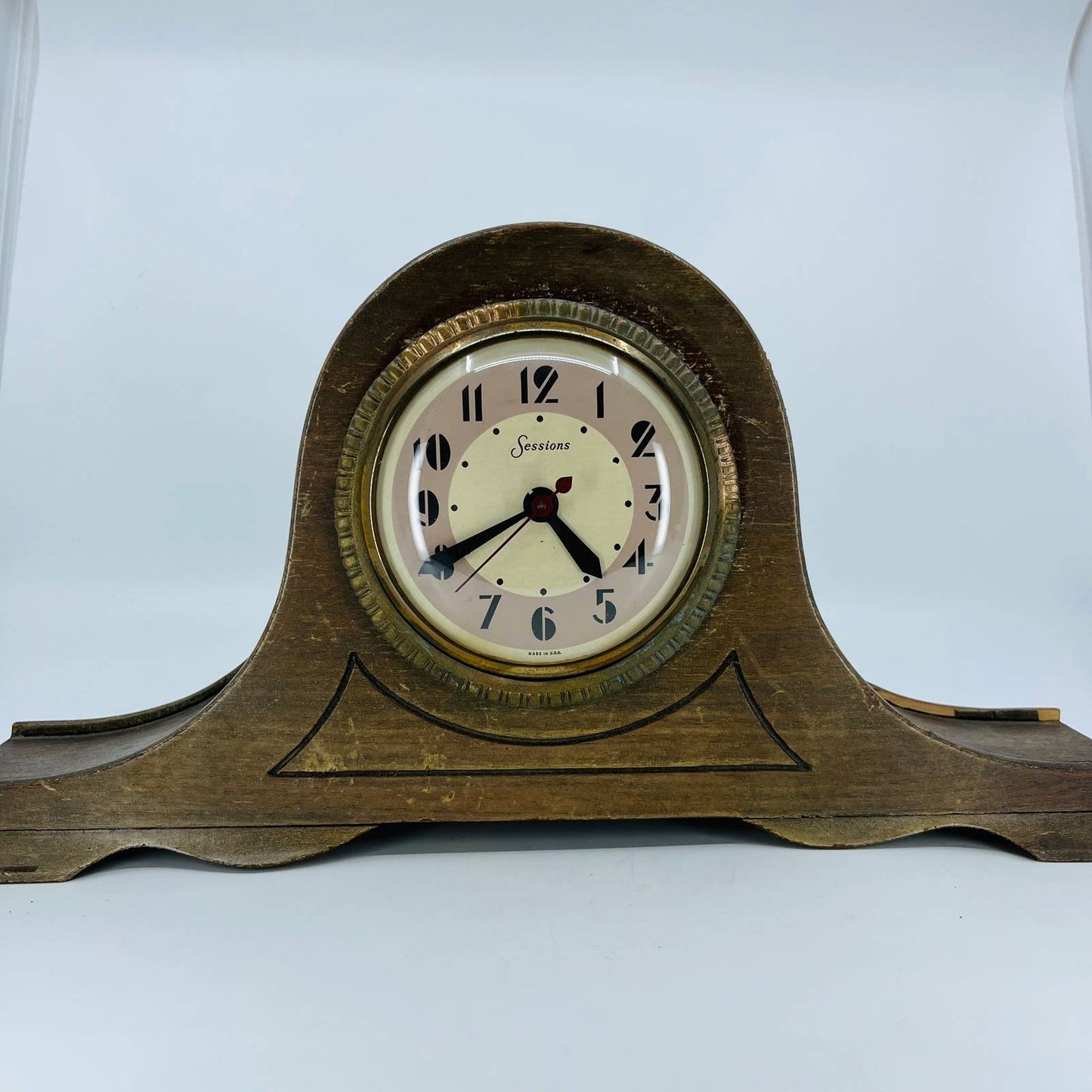 Vintage 1930s Art Deco Sessions Mahogany Wood Brass Trim Mantle Clock Model W TB8