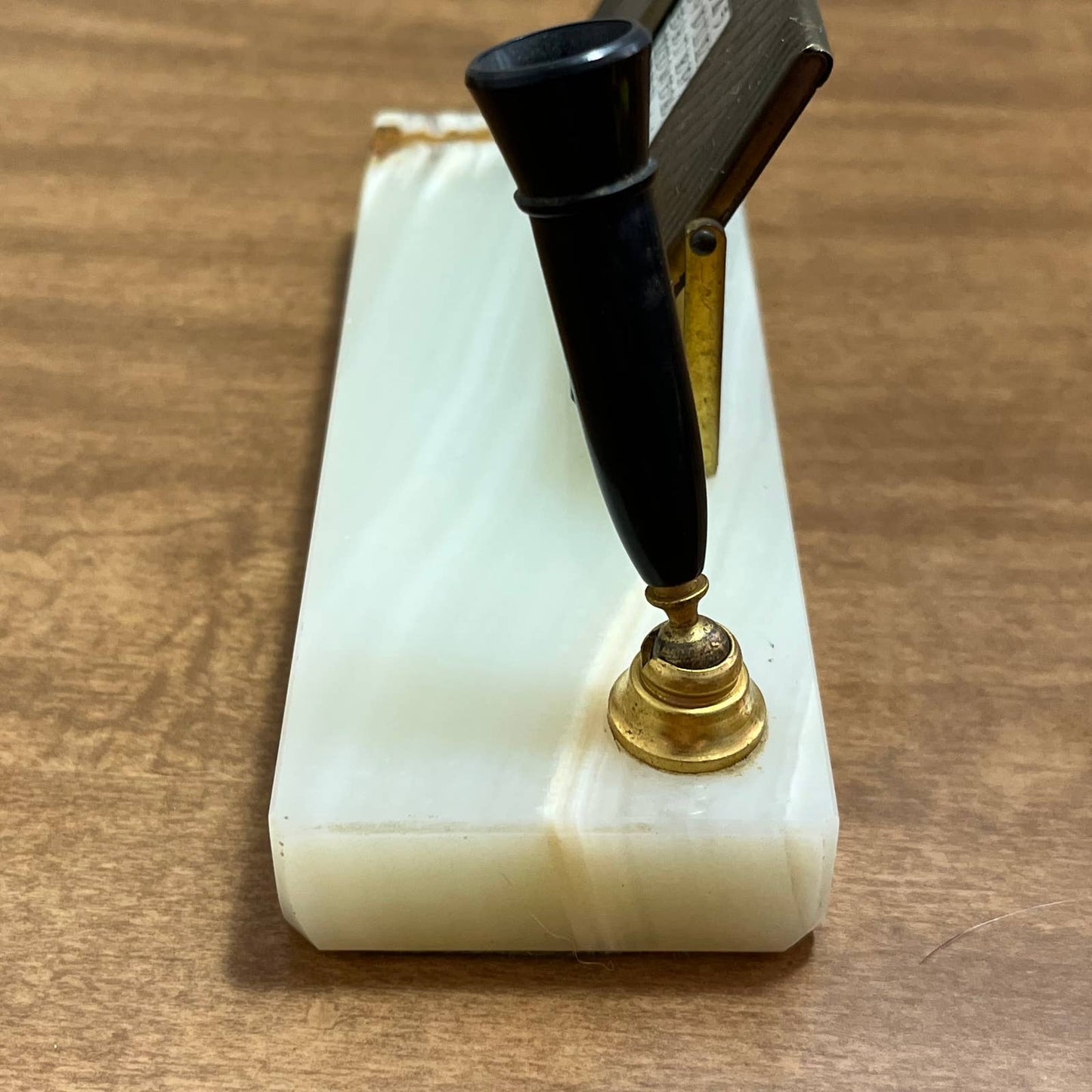 1952 Art Deco 50 Year Calendar Fountain Pen Holder Brass Desktop Marble Onyx TG5