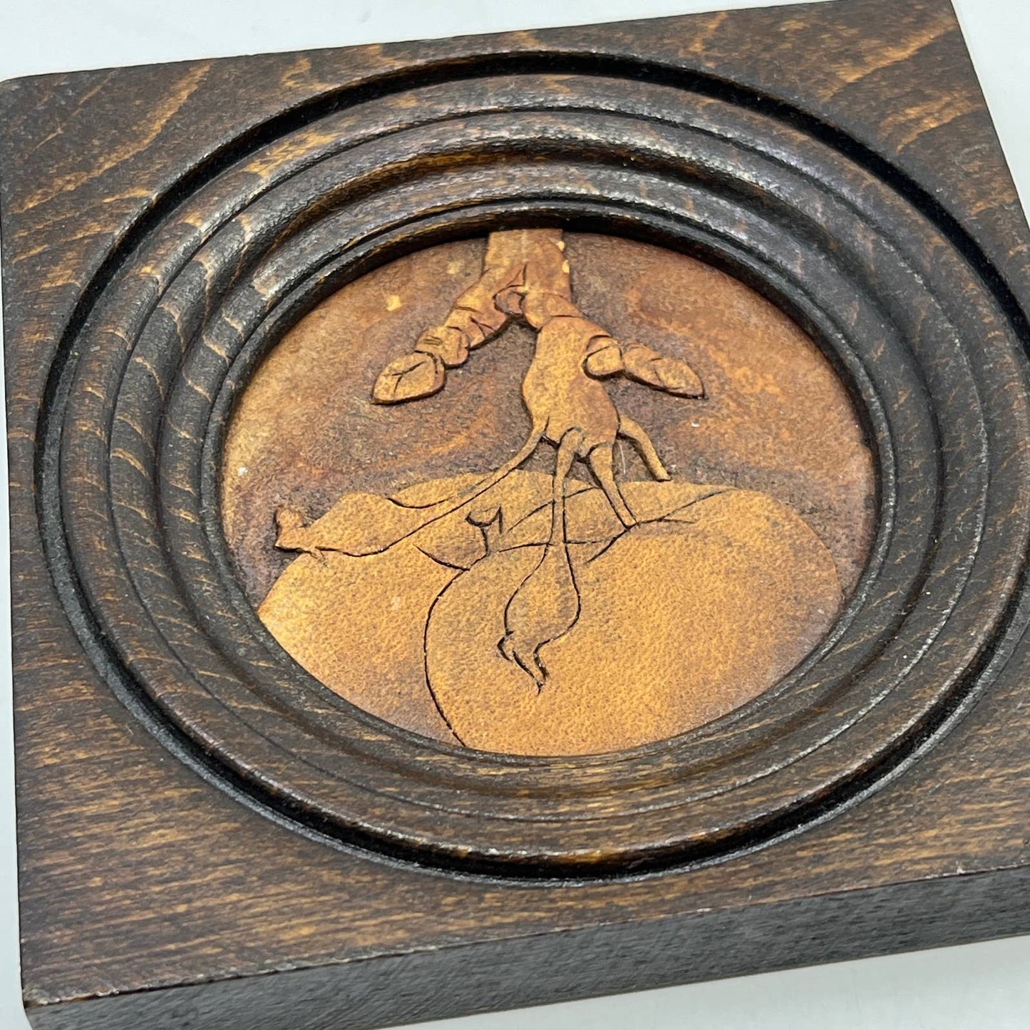 Vintage Original Folk Art Tiger Oak Wood and Leather Tile Apples on Tree 4" TC1