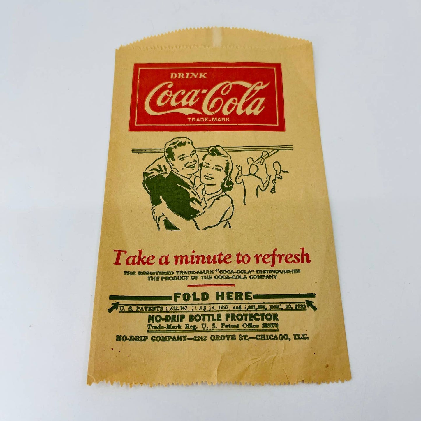 1927 Coca-Cola No-Drip Protector Bottle Bag Dancing Coupke Grove St. Chicago C4