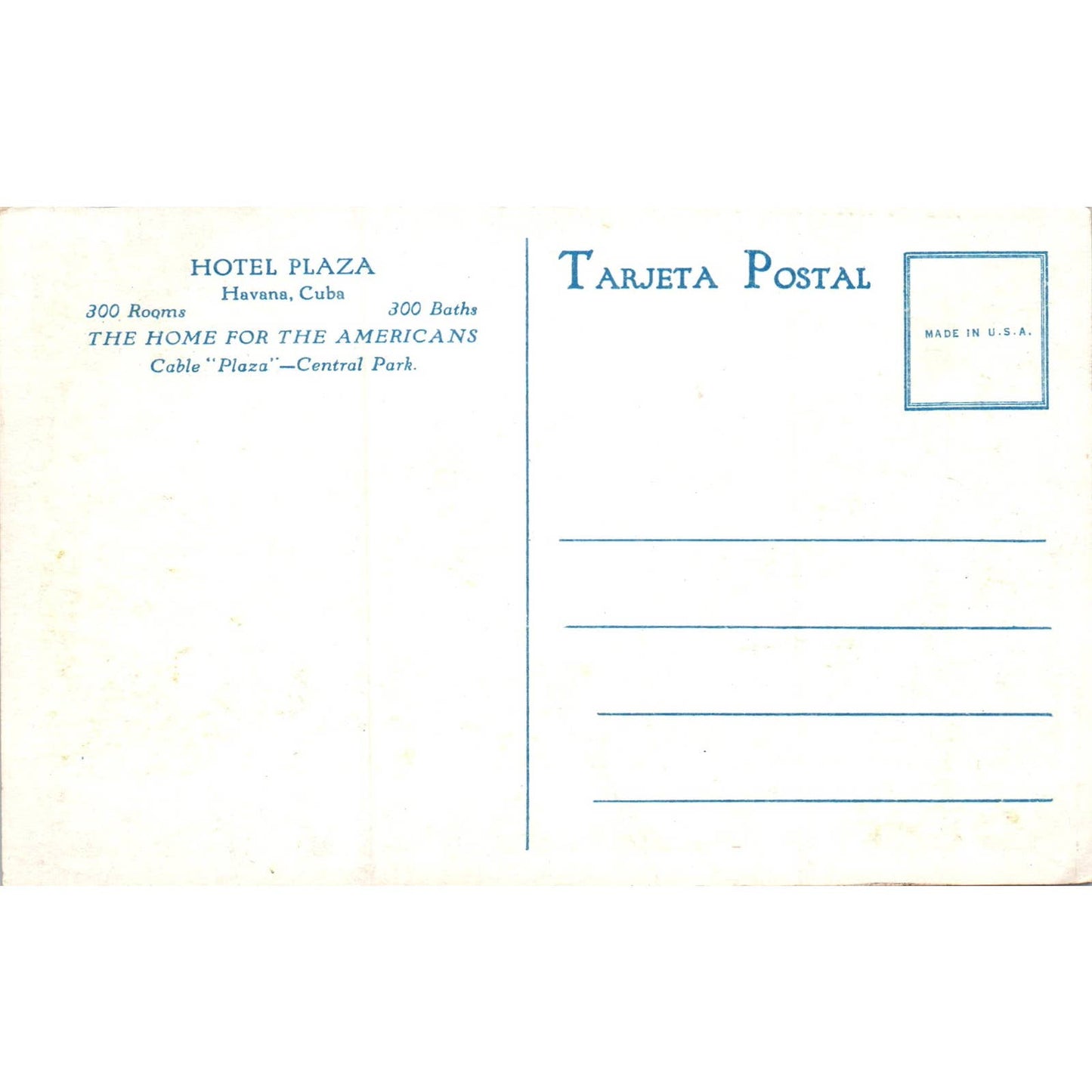 Hotel Plaza Central Park Havana Cuba Original Postcard TK1-P16