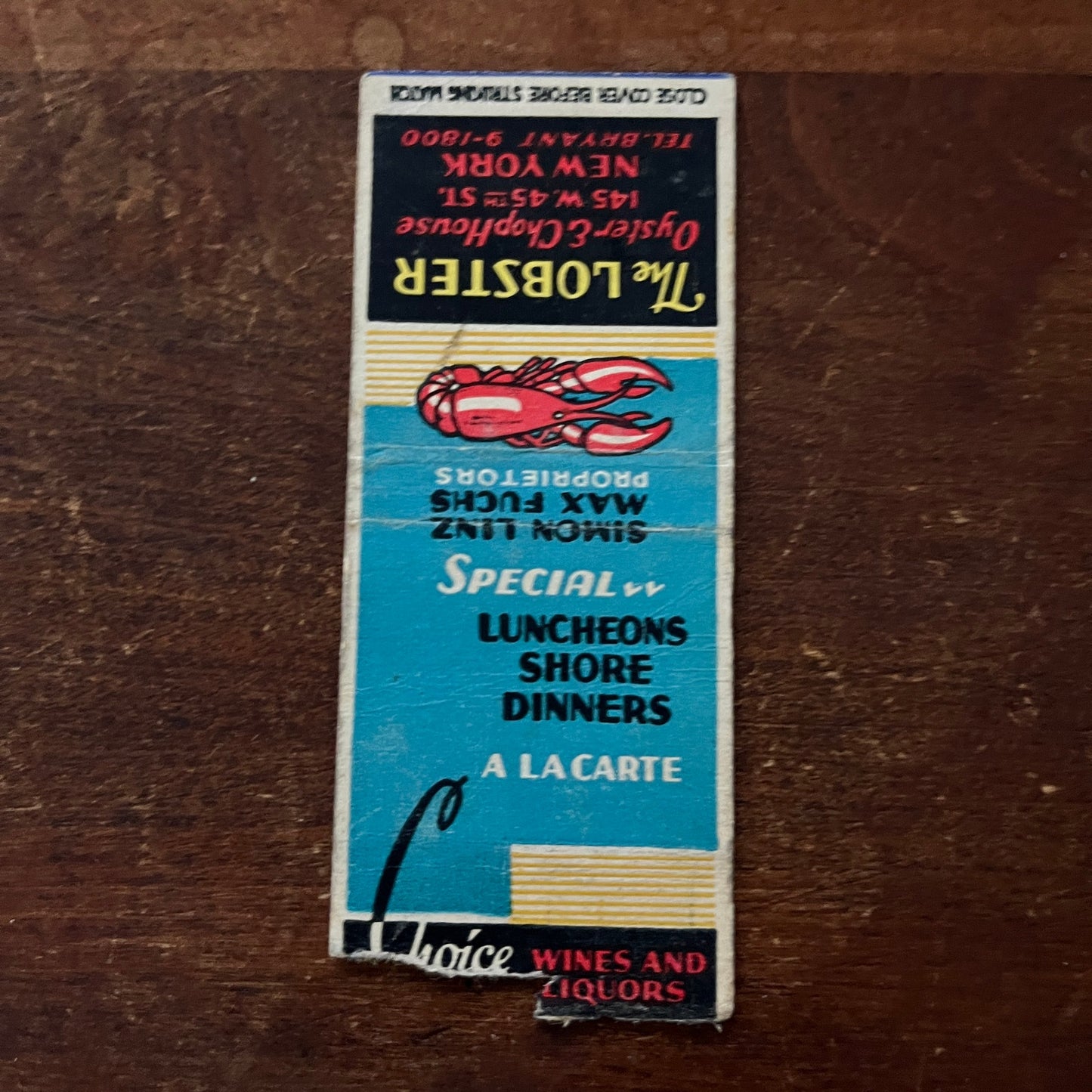 The Lobster Oyster & Chop House New York Advertising Matchbook Cover MM11-5