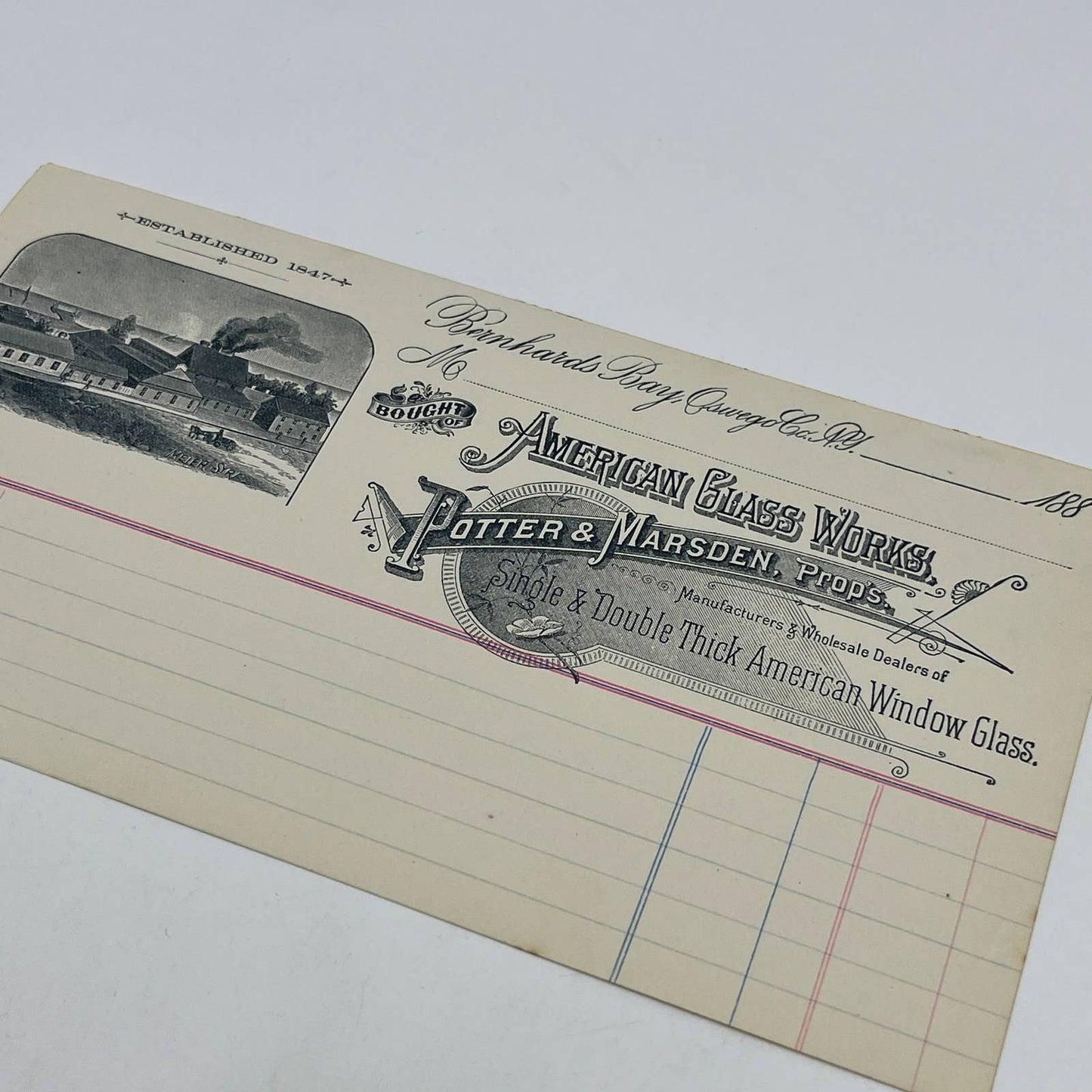 1880s Letterhead American Glass Works Porter & Marsden Bernhards Bay NY AC2