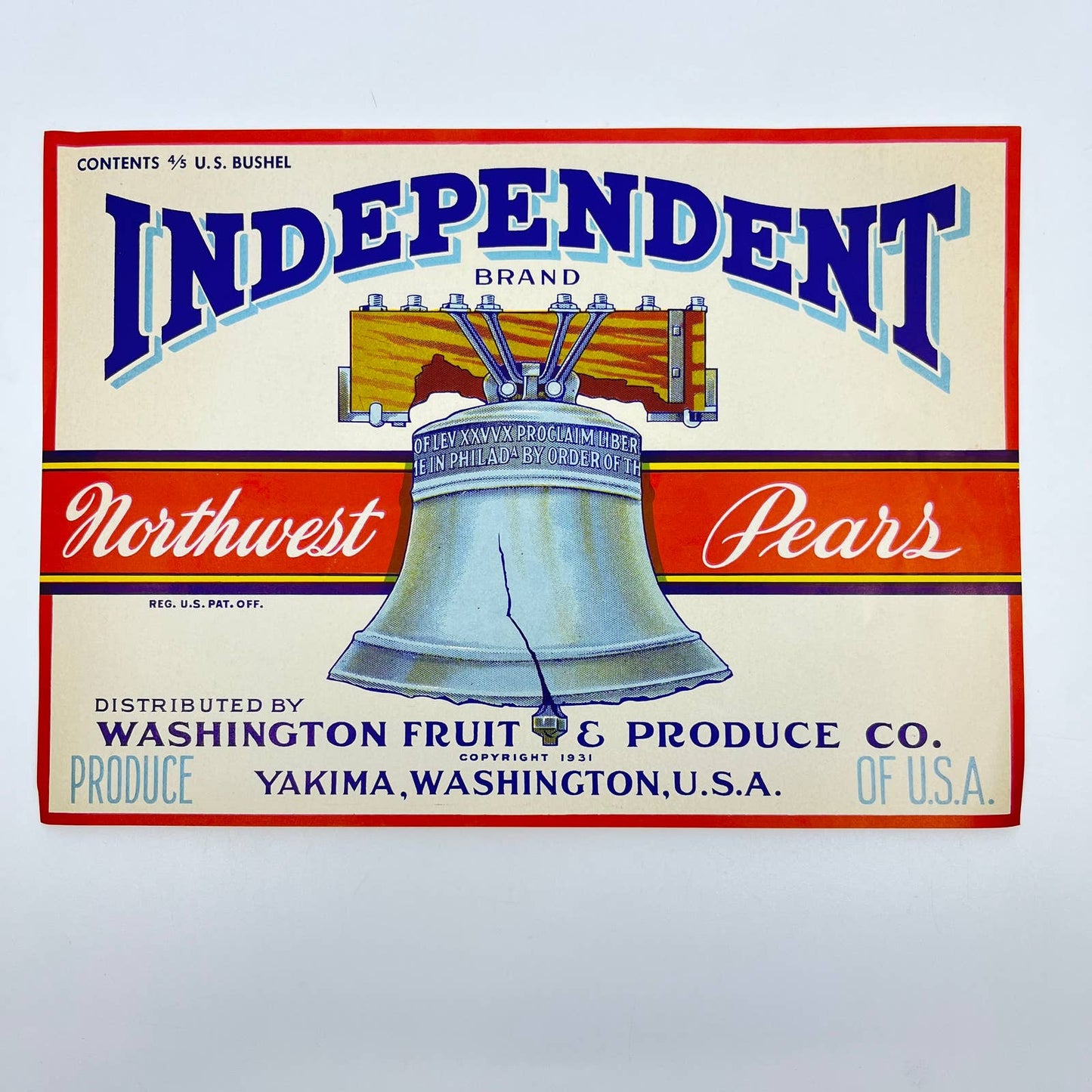 Independent Brand Northwest Pears Crate Label Original Yakima Liberty Bell FL3