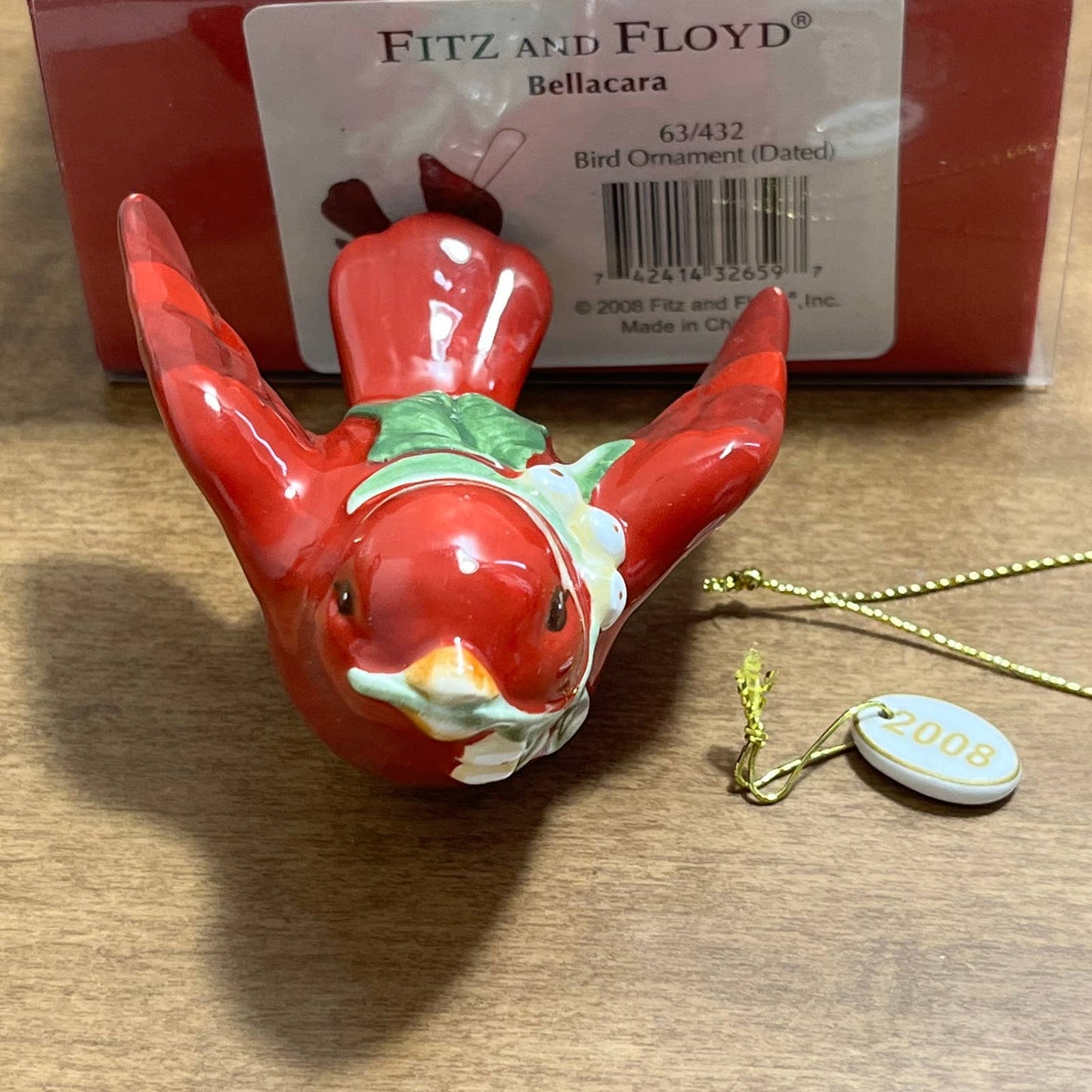 Fitz And Floyd Bellacara Red Bird Christmas Ornament 63/432 2008 IN BOX TA3