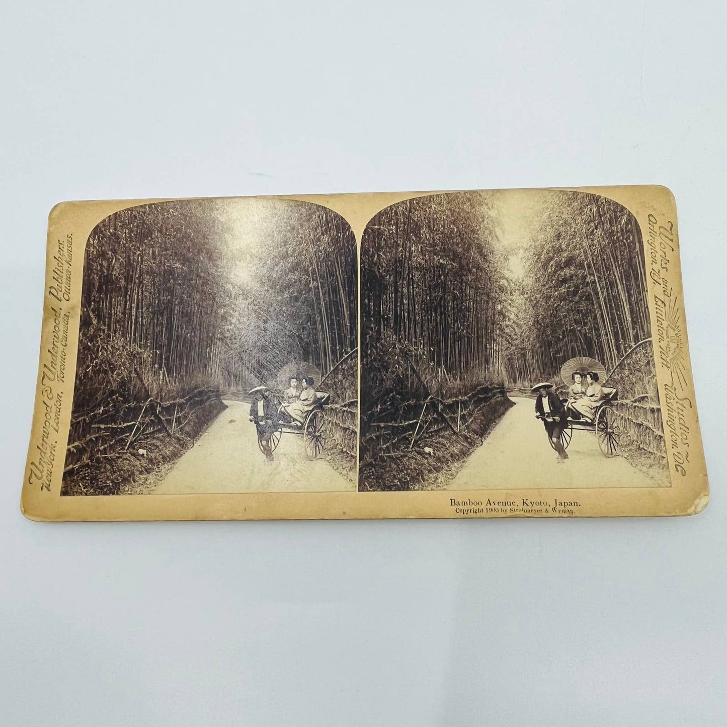 1900 Stereoview Card Bamboo Avenue Kyoto Japan Couple on Rickshaw