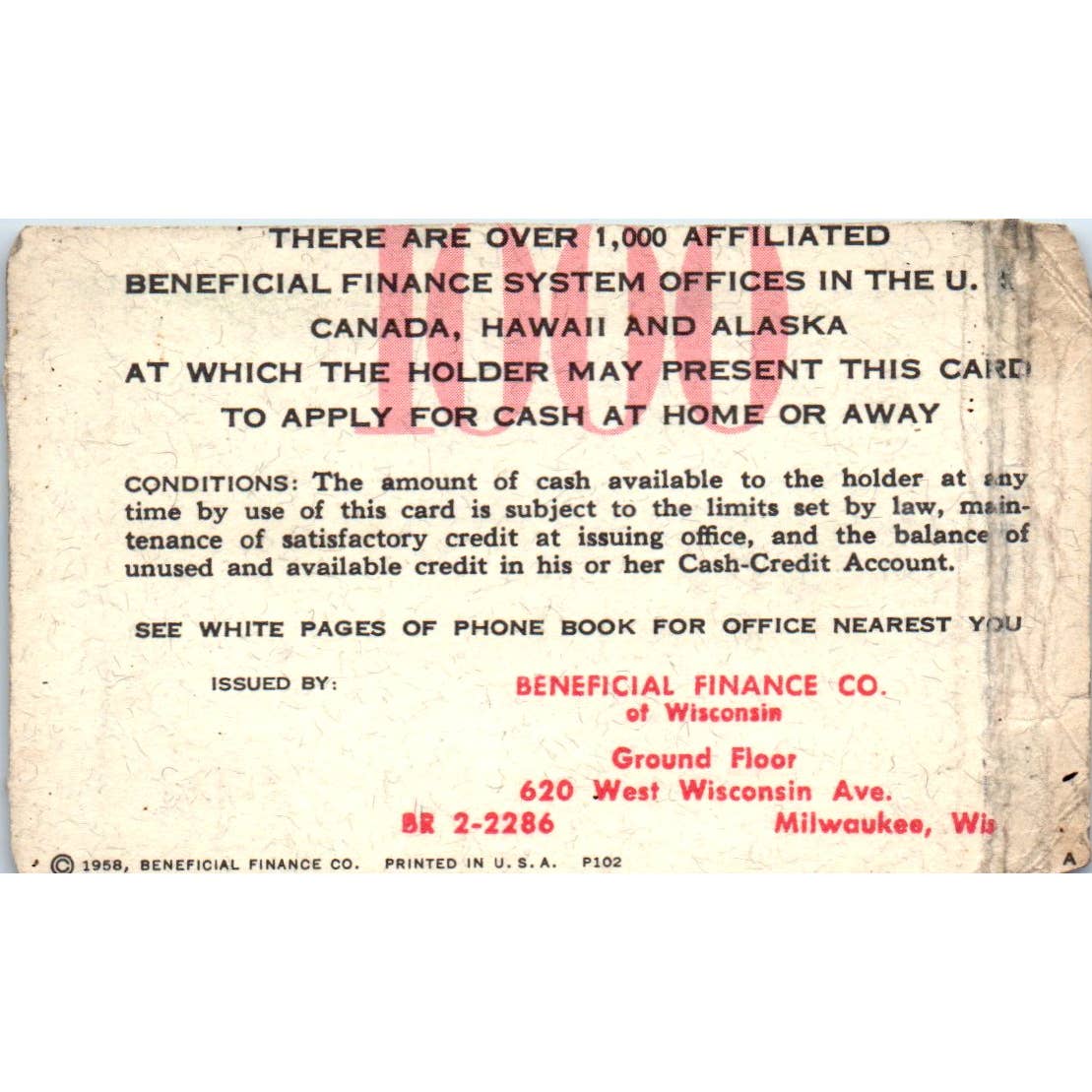 1958 Beneficial Finance System Cash Credit Account Card Milwaukee Obsolete SE5