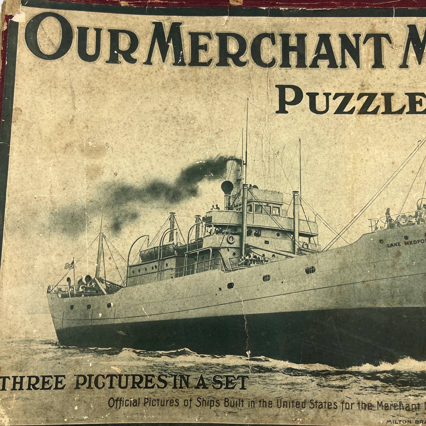 Antique Our Merchant Marine Puzzle Box Lake Medford 8x14 SS Caponka Agawam FL4