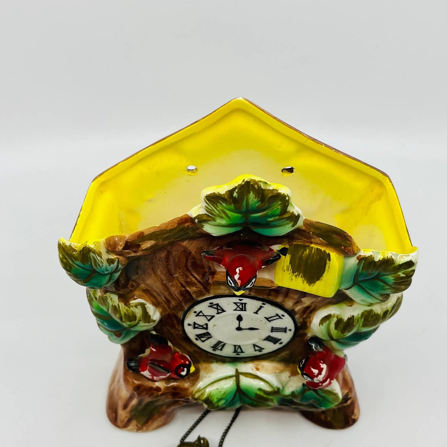 1960s Ceramic Bird House Cardinals Cuckoo Clock Wall Pocket Planter 7 x 6” TC8