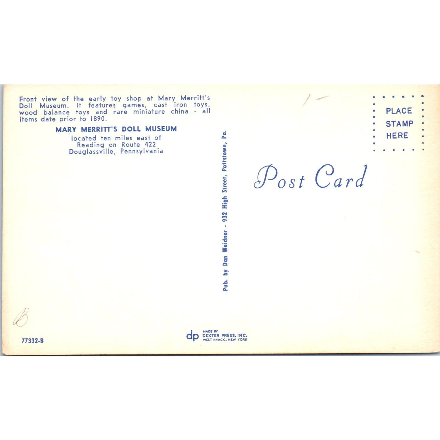 Early Toy Shop at Mary Merritt's Doll Museum Douglasville Original Postcard PB7