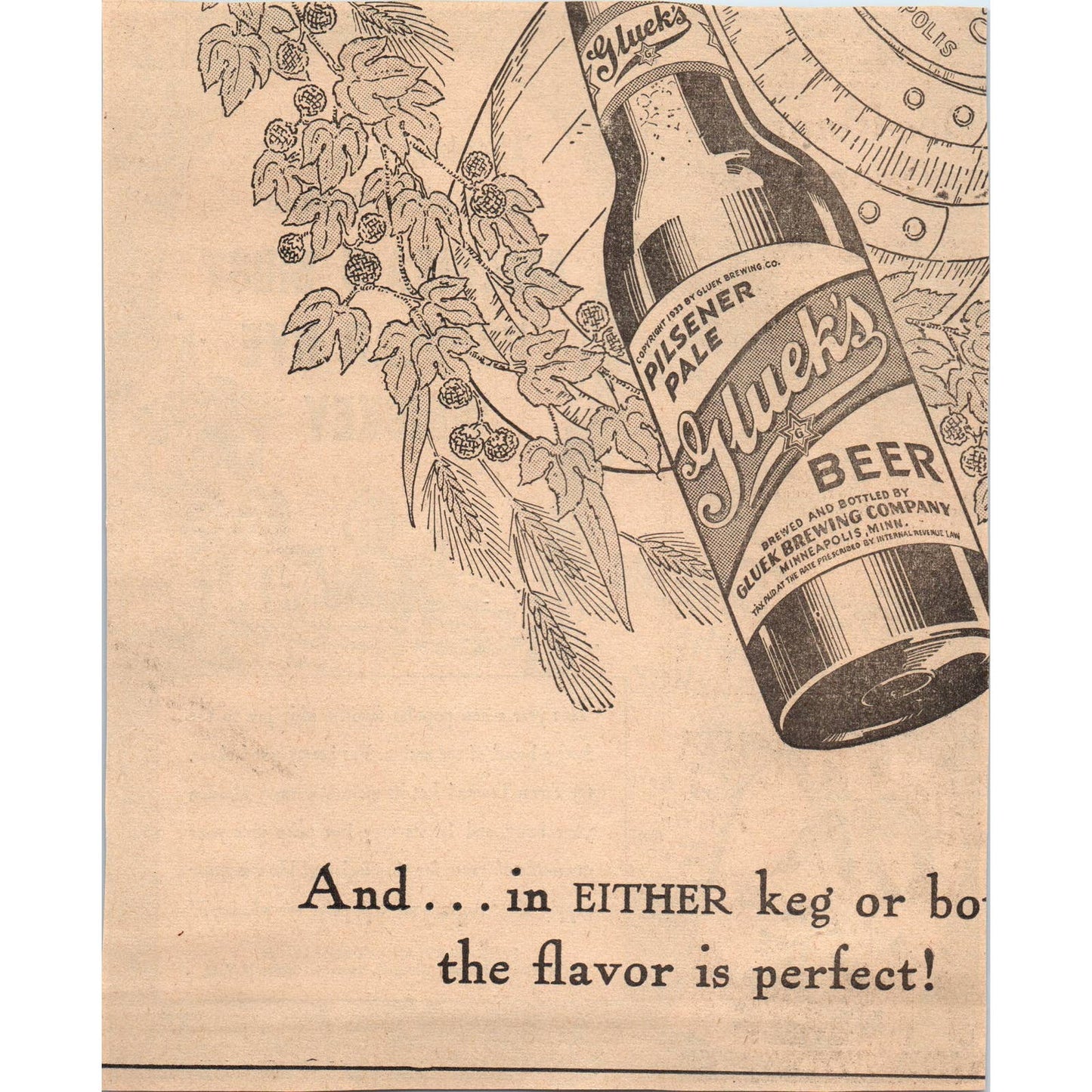 1935 Minneapolis Journal Newspaper Ad Town Tavern Straight Rye Whiskey FL5-5