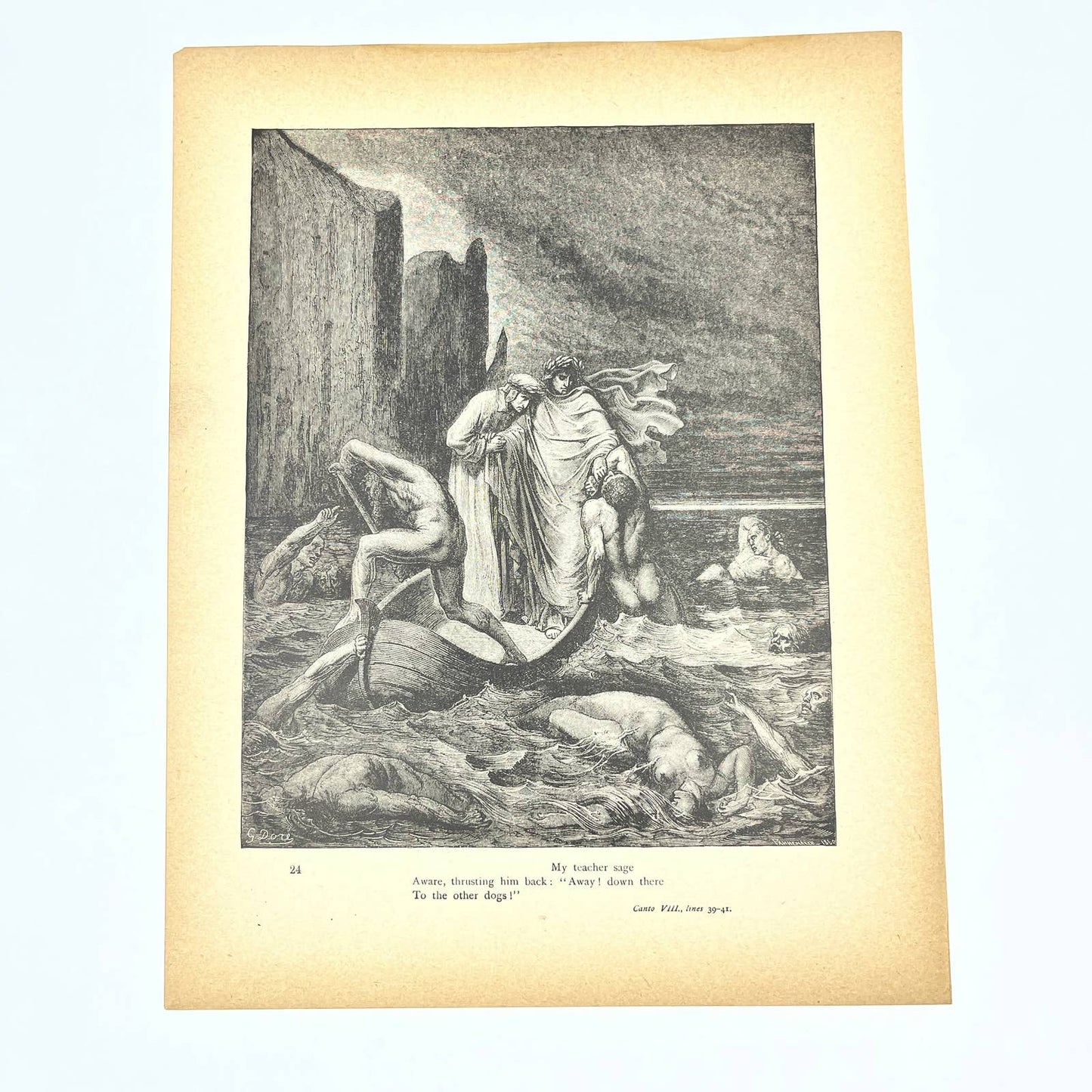 1880s Gustave Dore Engraving Divine Comedy Accosted on the River Styx FL4