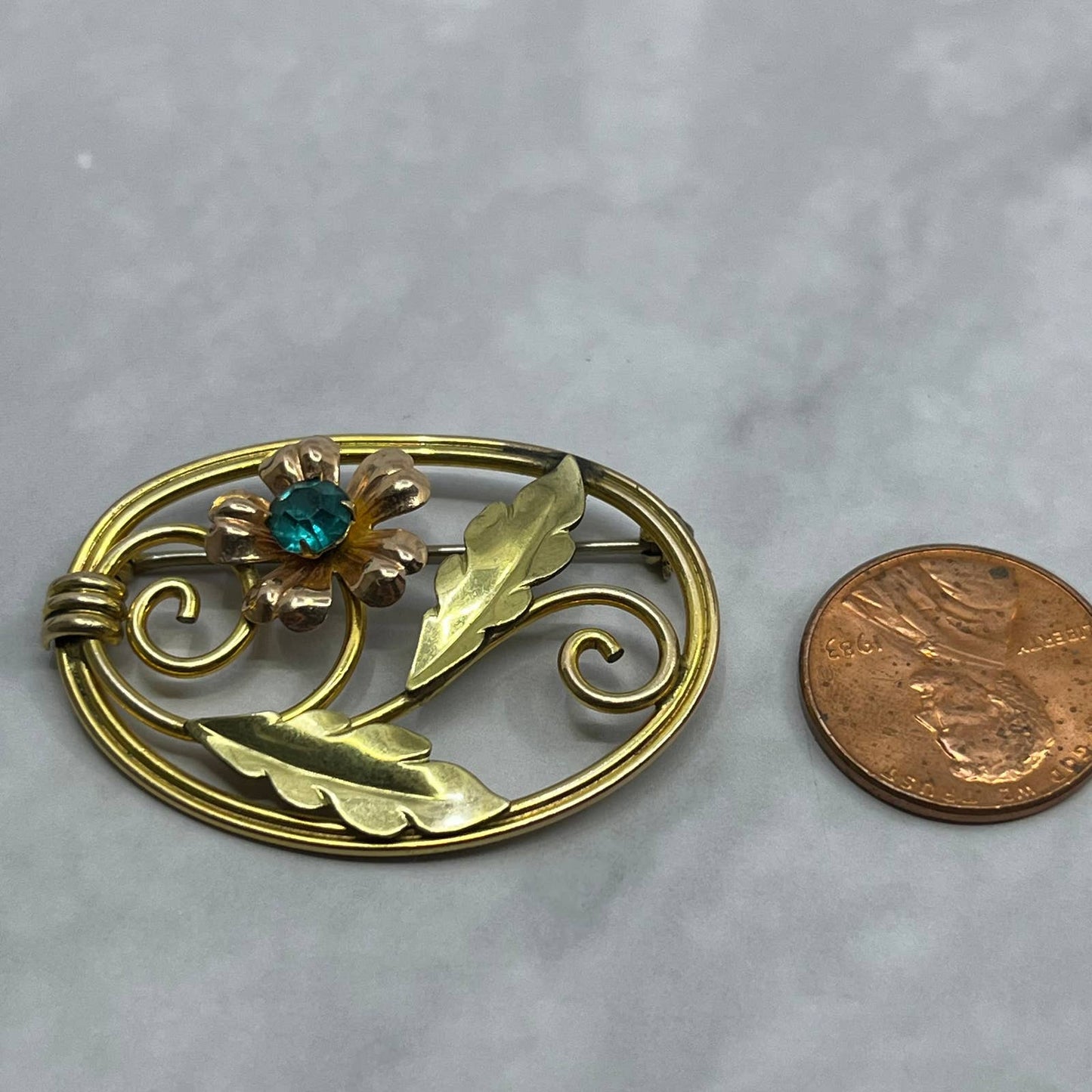 1940s Van Dell Exceptional 12k GF Floral Turquoise Rhinestone Brooch Pin SE6