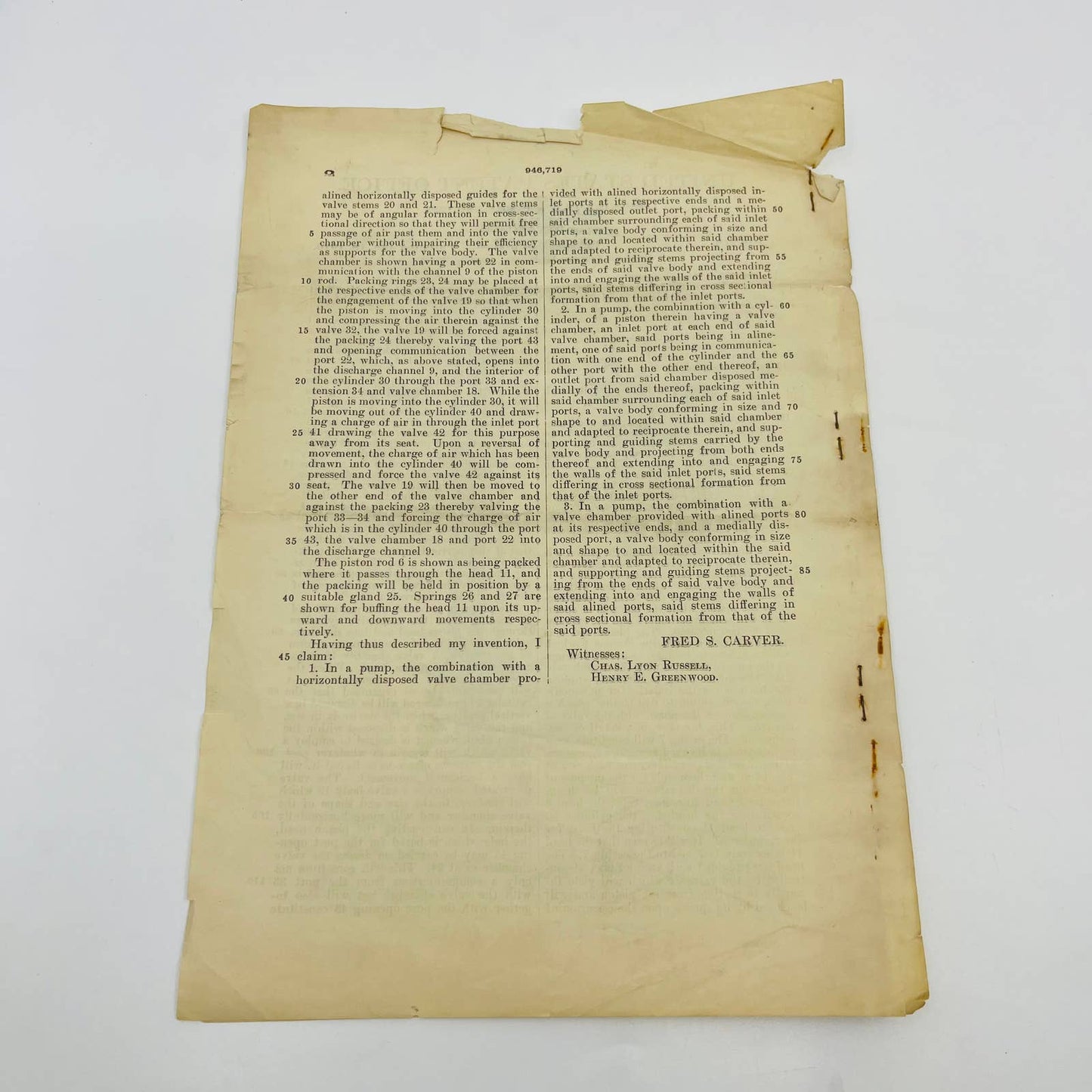 1910 US Patent F. S. Carver Air Pump Diagram and Document D1