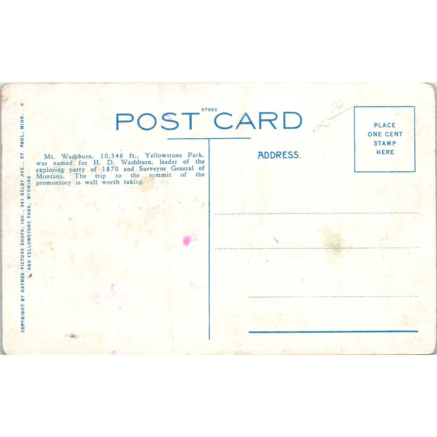 Mount Washburn, Yellowstone Park Original Postcard TK1-P15