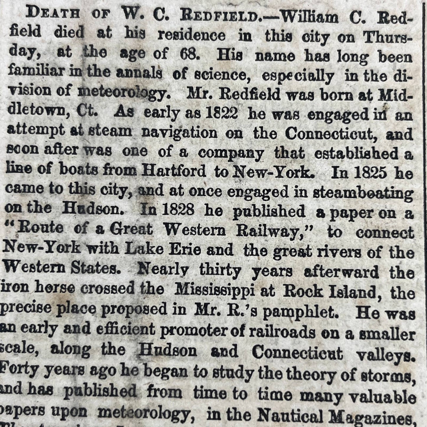 1857 Feb 21 Original New York Tribune - Death of W.C. Redfield FL4