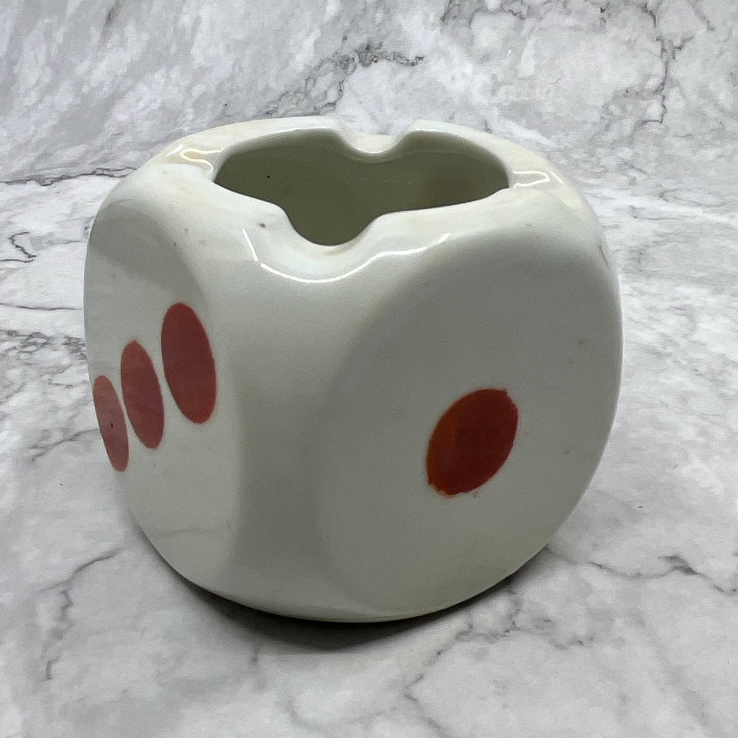 Vintage Ceramic White and Orange Dice Ashtray 3" Japan TI7