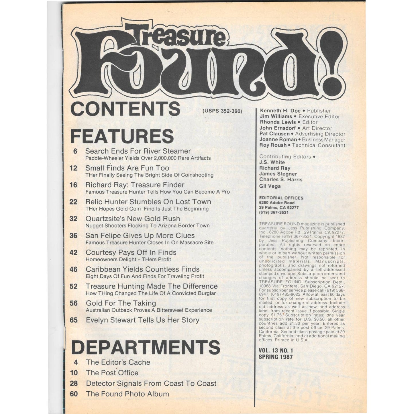 Treasure Found! Magazine 1987 Spring Metal Detecting Gold Diamonds M2